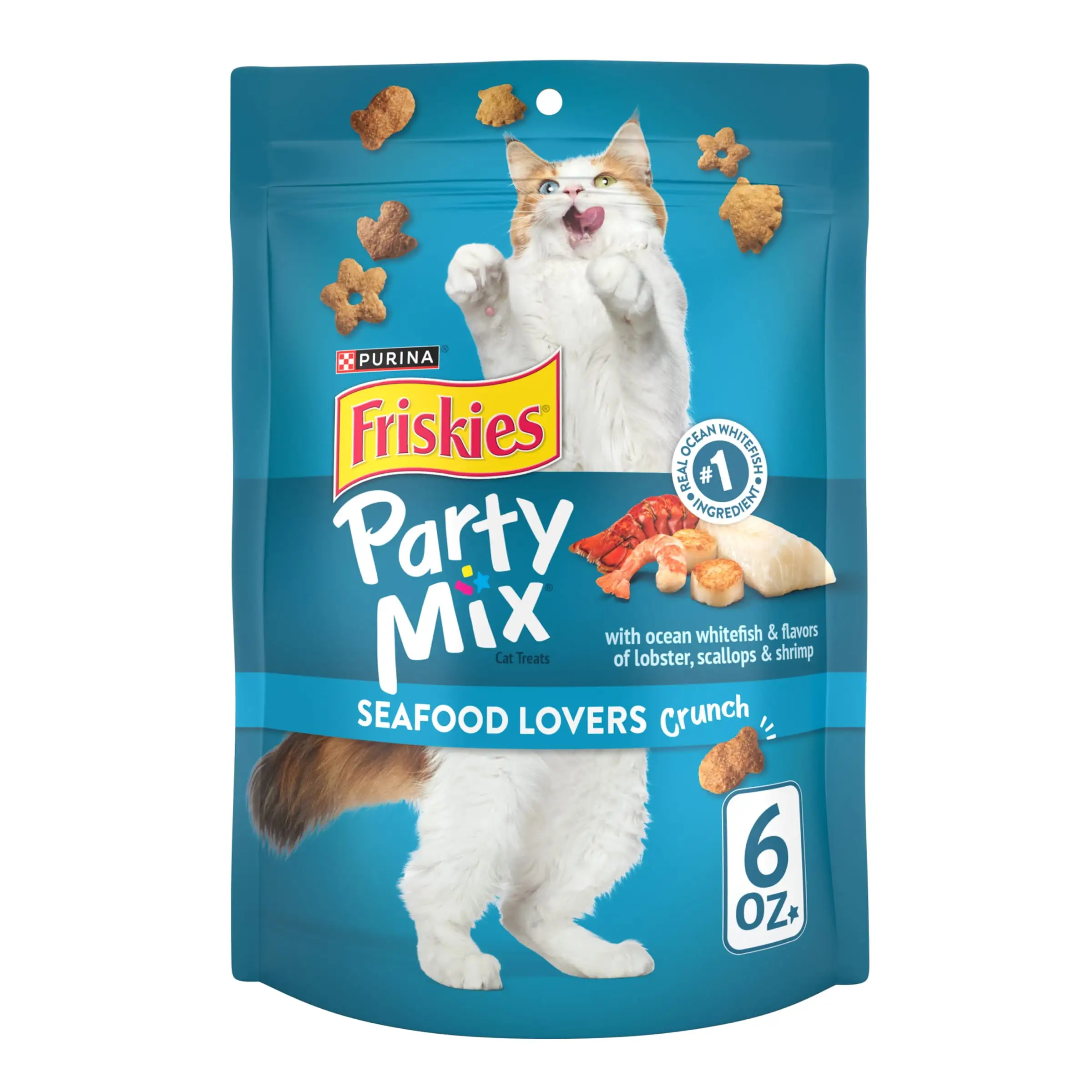 Purina Friskies Cat Treats. Party Mix Seafood Lovers Crunch. 6 oz. Pouch