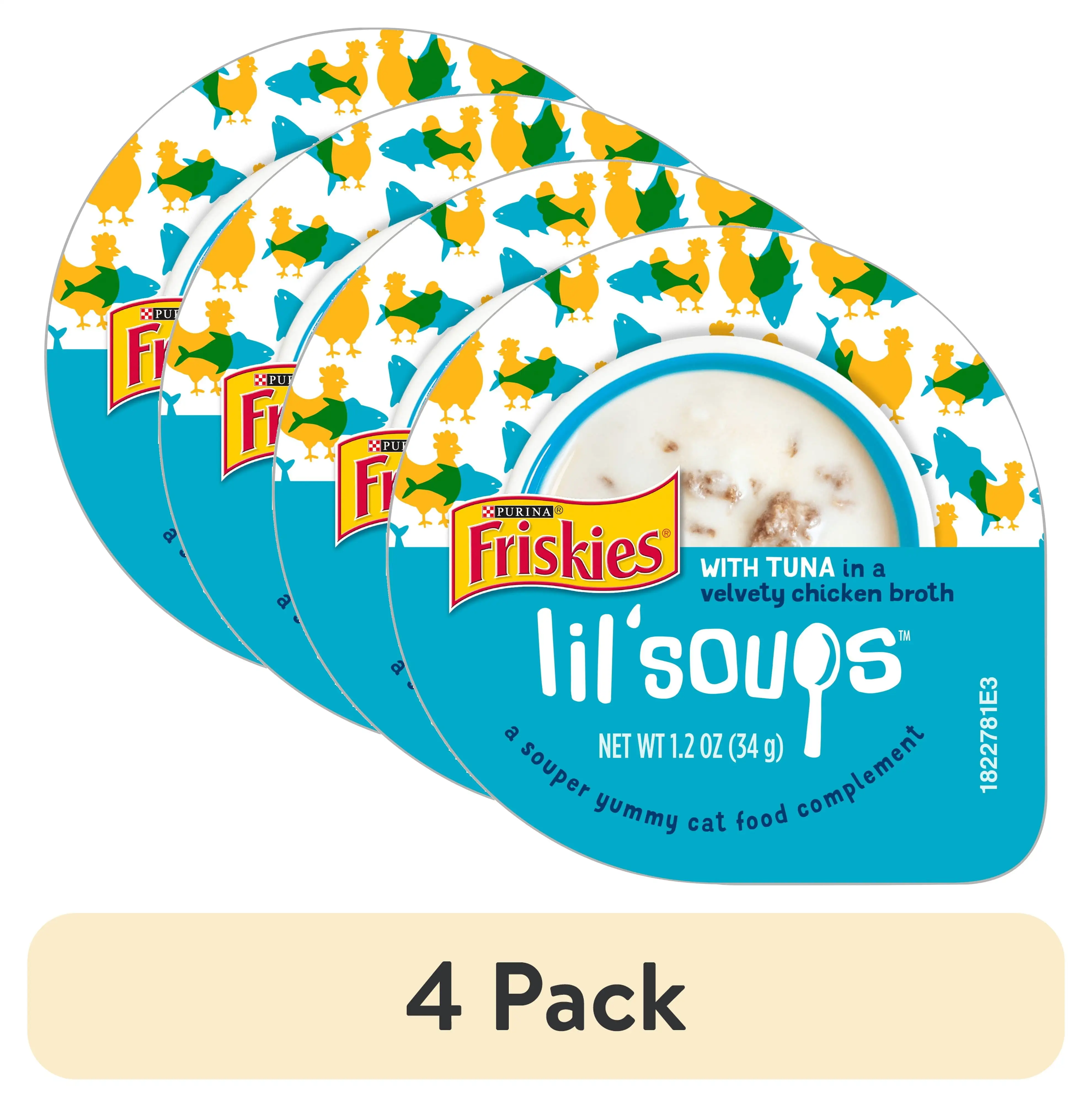 (4 pack) Purina Friskies Lil' Soups Lickable Cat Treats. Soft Tuna & Chicken Broth Snacks. 1.2 oz Cups (8 Pack)