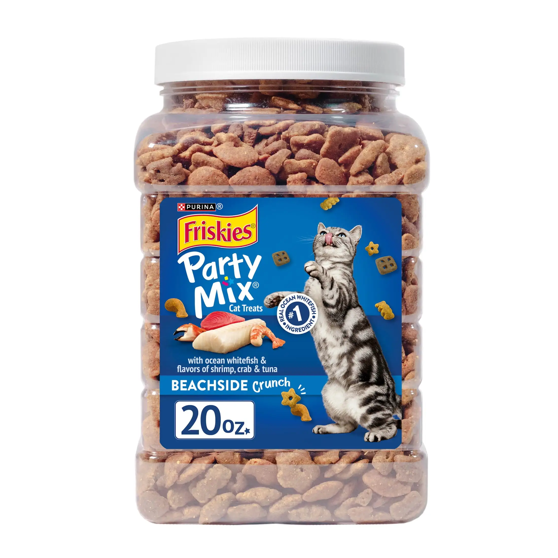 Purina Friskies Party Mix Cat Treats. Beachside Crunch Snacks. 20 oz. Canister