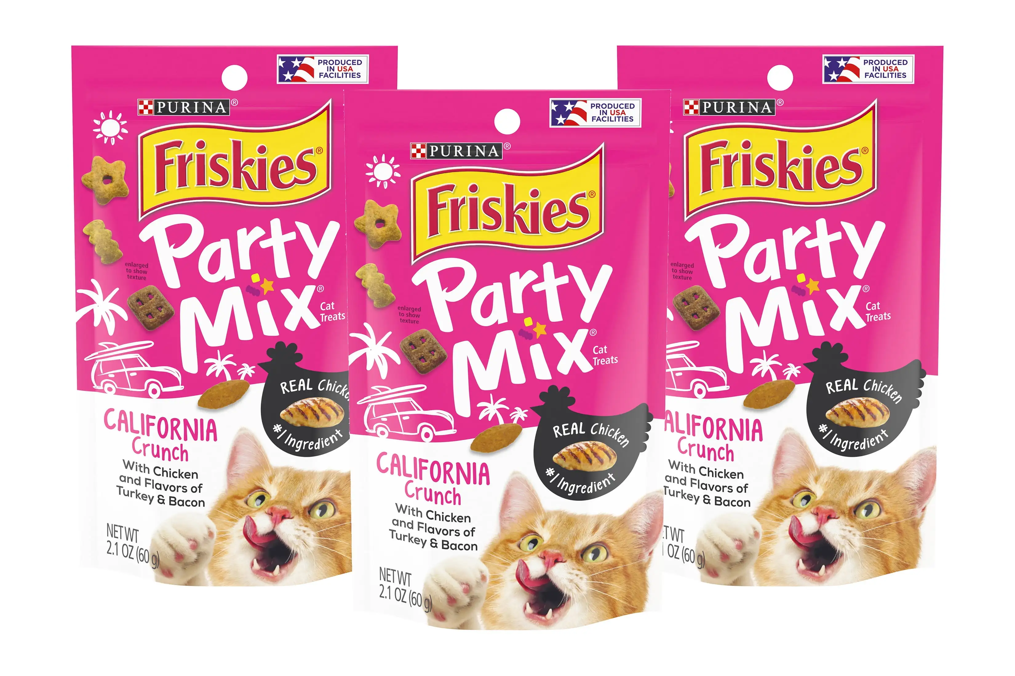 Purina Friskies Party Mix Cat Treats. California Crunch. Made with Chicken & Flavors of Turkey & Bacon. Cat Treats for Adult Cats. 2.1 OZ Pouch (Pack of 6)