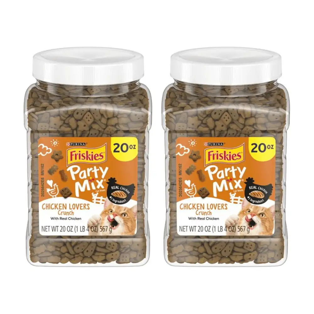 Purina Friskies Party Mix Cat Treats. Chicken Lovers Crunch. Made with Real Chicken. Complete & Balanced Cat Treats. 20-Ounce Canister (Pack of 2 Canisters)