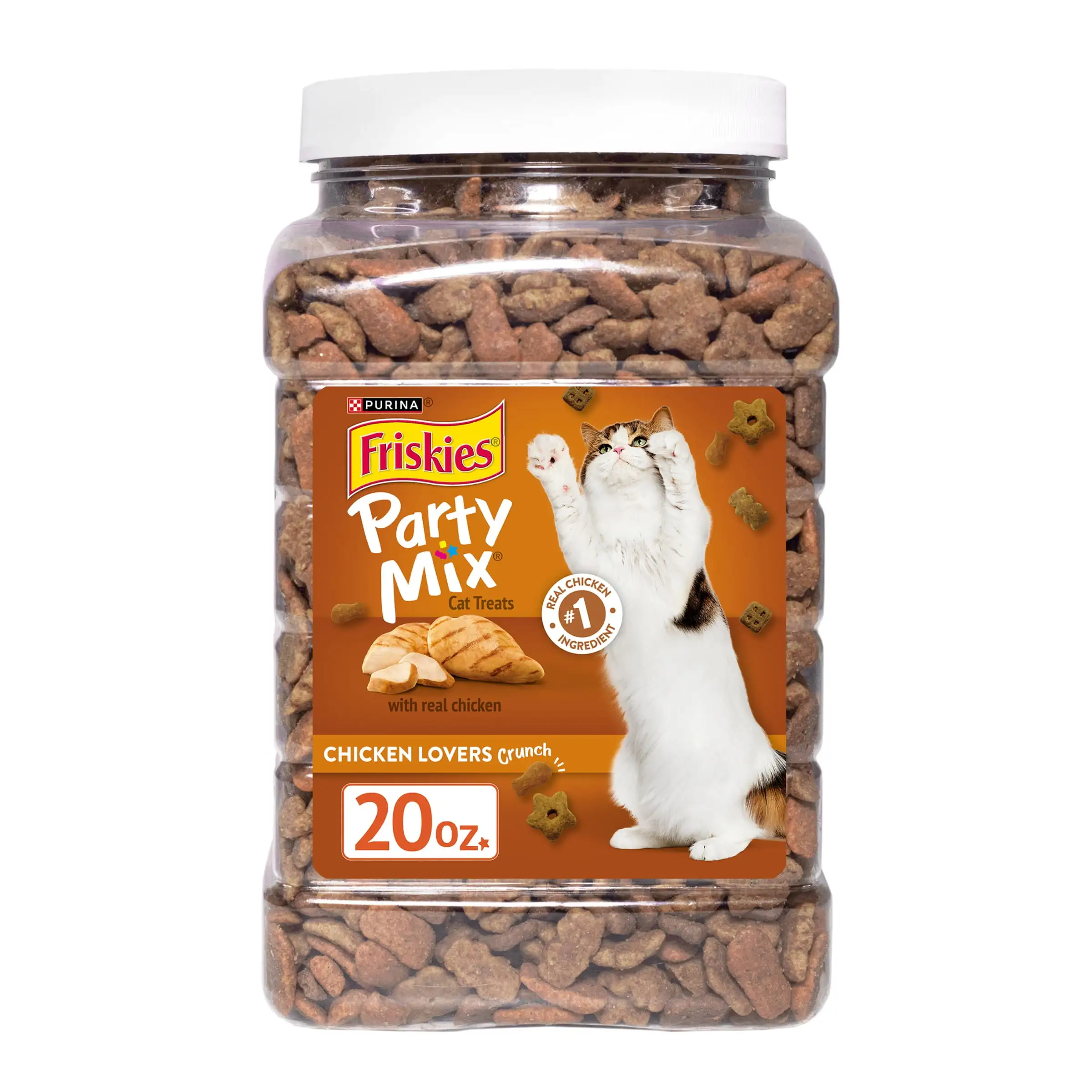 Purina Friskies Party Mix Cat Treats. Chicken Lovers Crunch Snacks. 20 oz. Canister