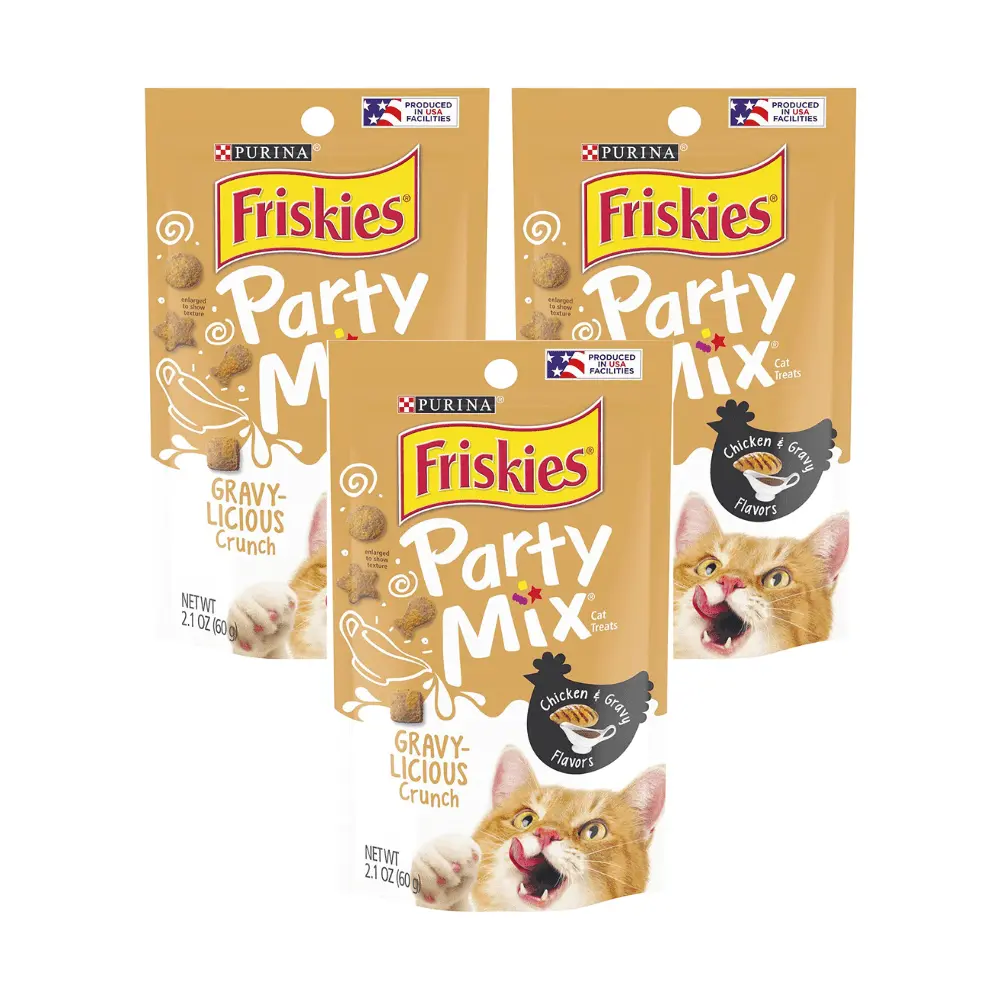 Purina Friskies Party Mix Cat Treats. Gravy-Licious Crunch. Chicken & Gravy Flavors. Dry Cat Treats. Helps Clean Teeth. 2.1-Ounce Resealable Pouch. (Pack of 6)