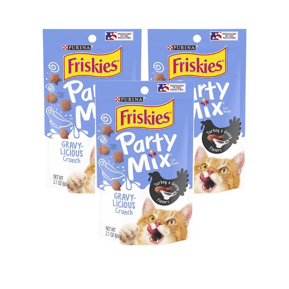 Purina Friskies Party Mix Cat Treats. Gravylicious Crunch with Turkey & Gravy Flavors. Cat Treats for Adult Cats. 2.1-Ounce Resealable Pouch (Pack of 3)