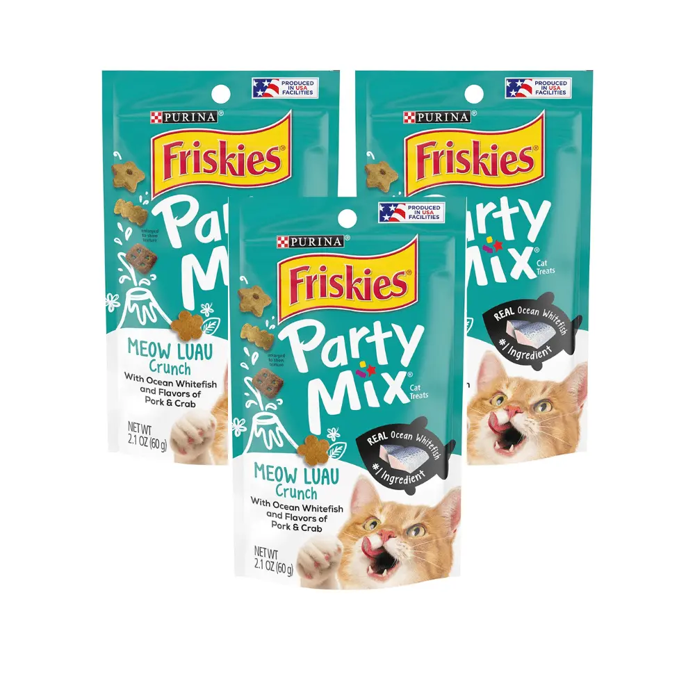 Purina Friskies Party Mix Cat Treats. Meow Luau Crunch with Ocean Whitefish & Flavors of Pork & Crab. Cat Treats for Adult Cats. 2.1-Ounce Pouch (Pack of 3)