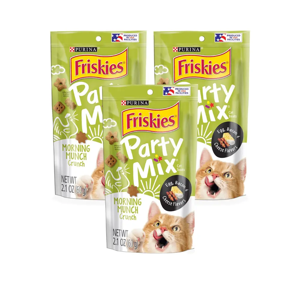 Purina Friskies Party Mix Cat Treats. Morning Munch Crunch with Egg. Bacon & Cheese Flavors. Bite-Sized Snacks for Cats. Helps Clean Teeth. 2.1 OZ Pouch (Pack of 3)