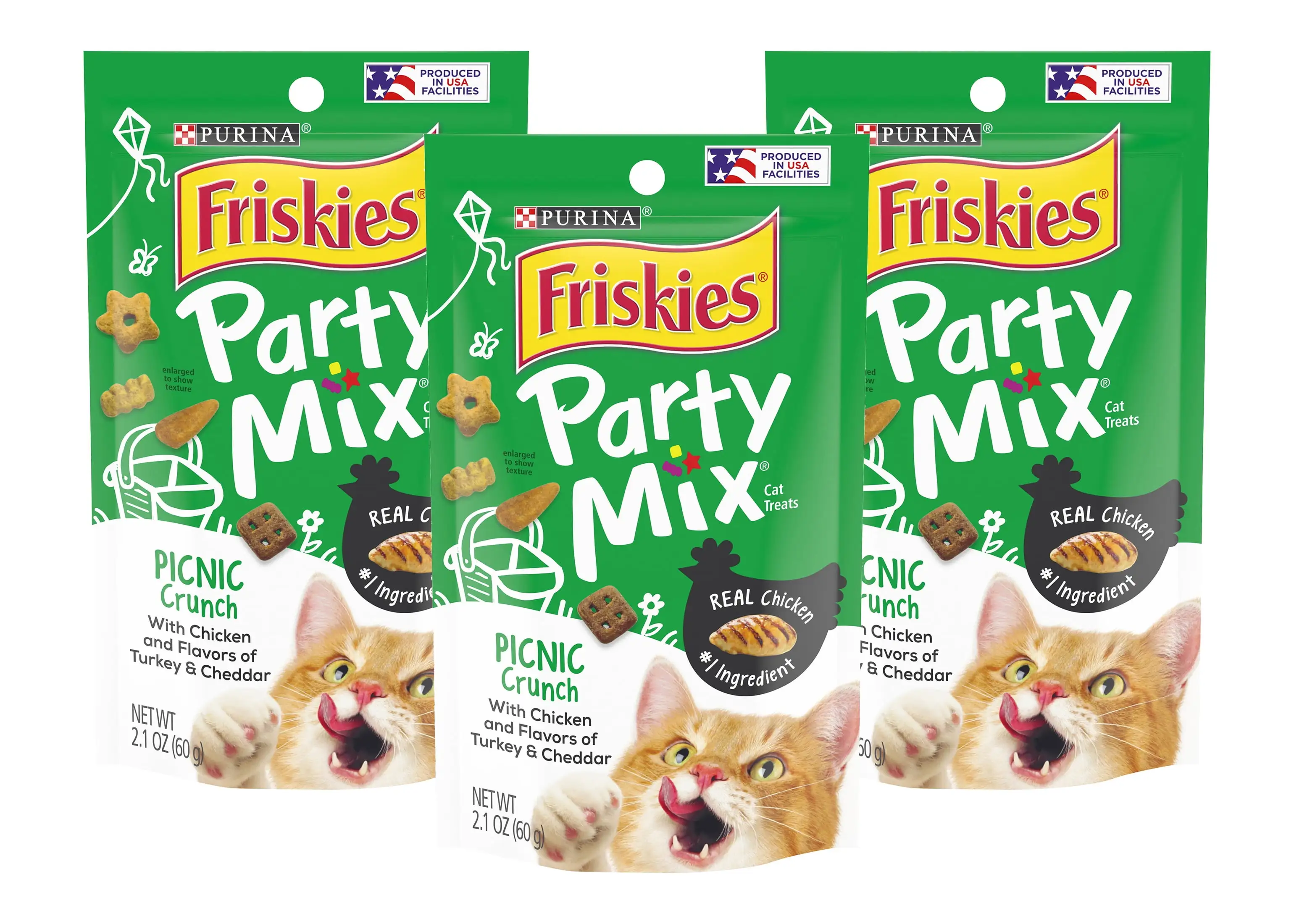 Purina Friskies Party Mix Cat Treats. Picnic Crunch with Chicken & Flavors of Turkey & Cheddar. Cat Treats for Adult Cats. 2.1-Ounce Pouch (Pack of 3)