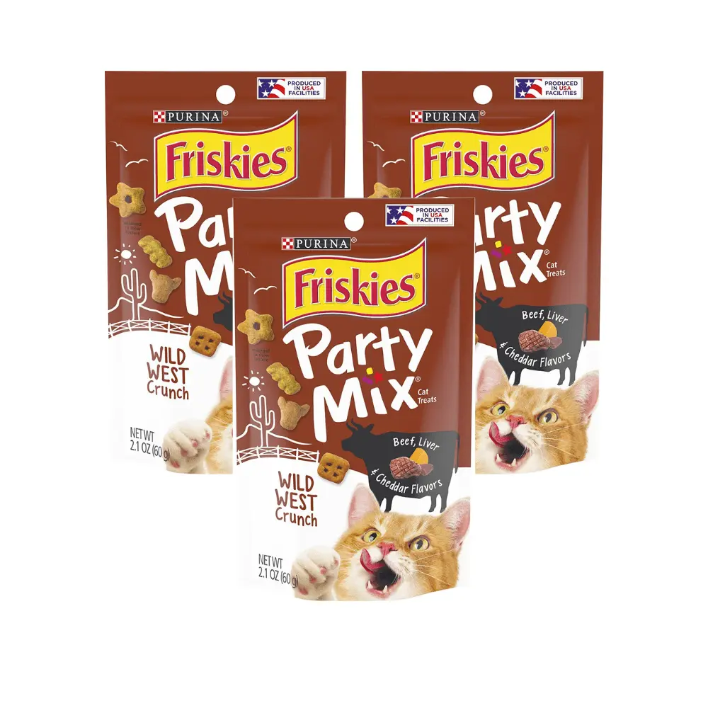 Purina Friskies Party Mix Cat Treats. Wild West Crunch. Made with Beef. Liver & Cheddar Flavors. Helps Keep Teeth Clean. Adult Cat Treats. 2.1 OZ Pouch (Pack of 3)