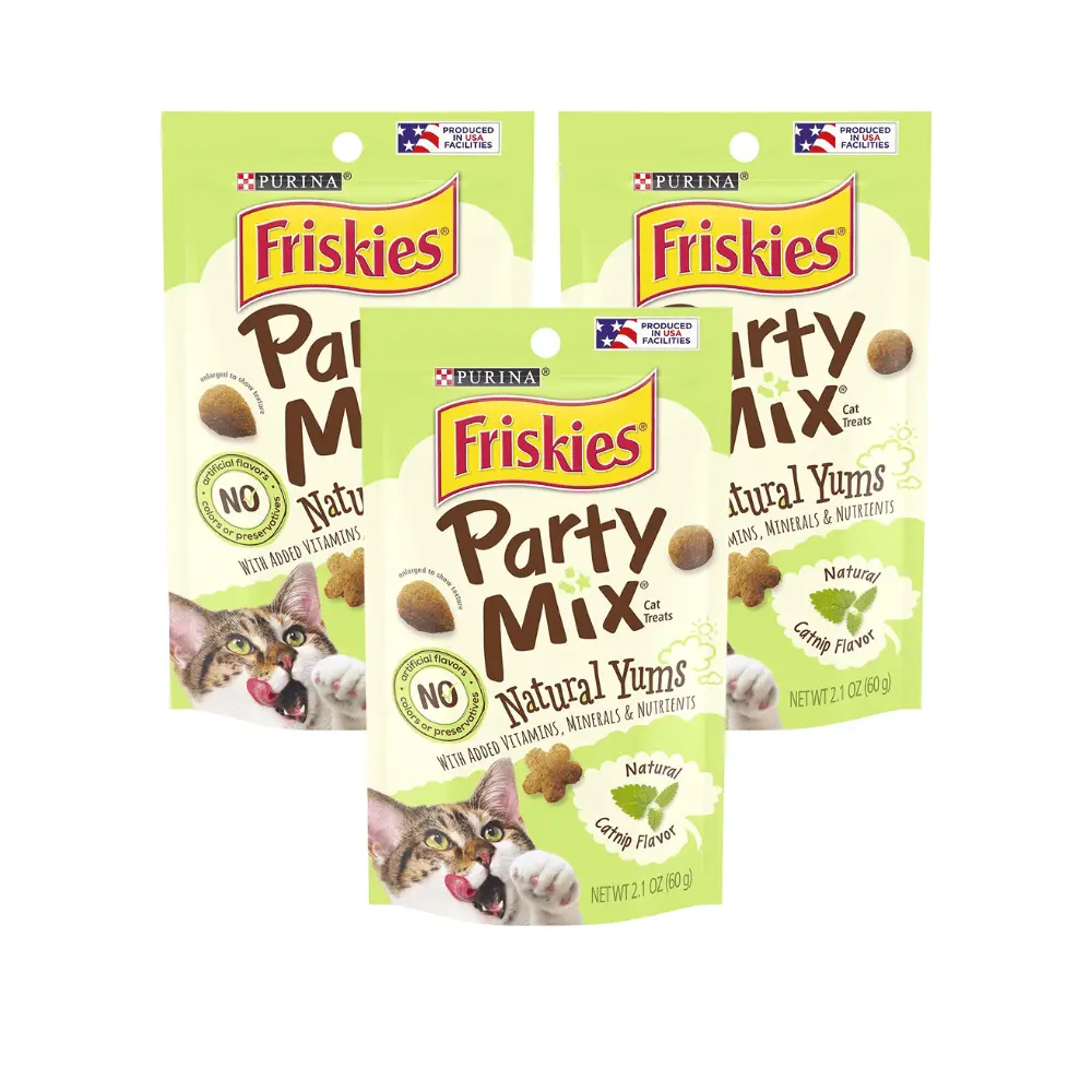 Purina Friskies Party Mix Natural Yums Cat Treats. Natural Catnip Flavor with Added Vitamins. Minerals & Nutrients. For Adult Cats. 2.1 OZ Pouch (Pack of 3)