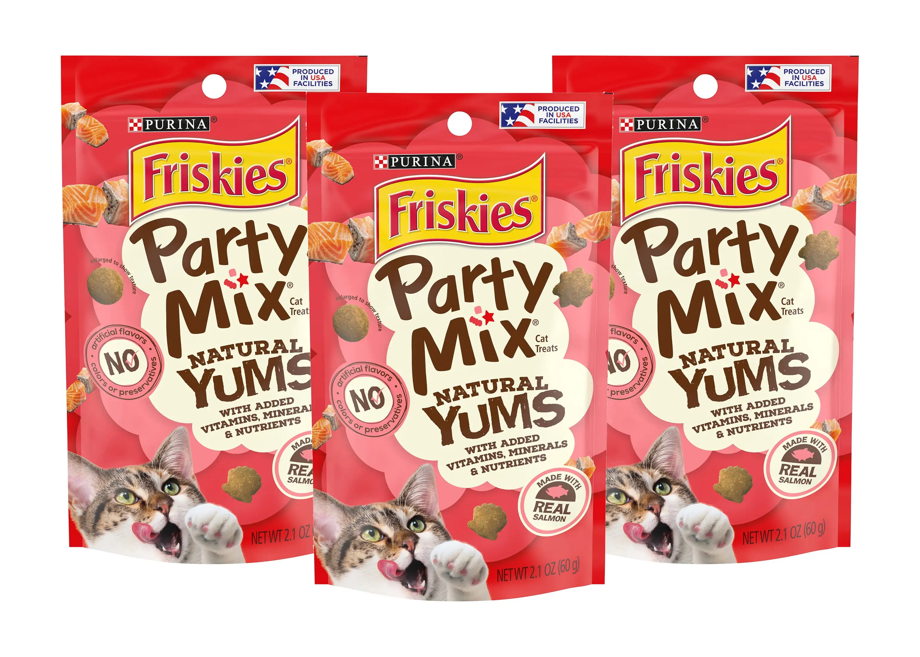 Purina Friskies Party Mix Natural Yums Cat Treats. Made with Real Salmon with Added Vitamins. Minerals & Nutrients. For Adult Cats. 2.1 OZ Pouch (Pack of 3)