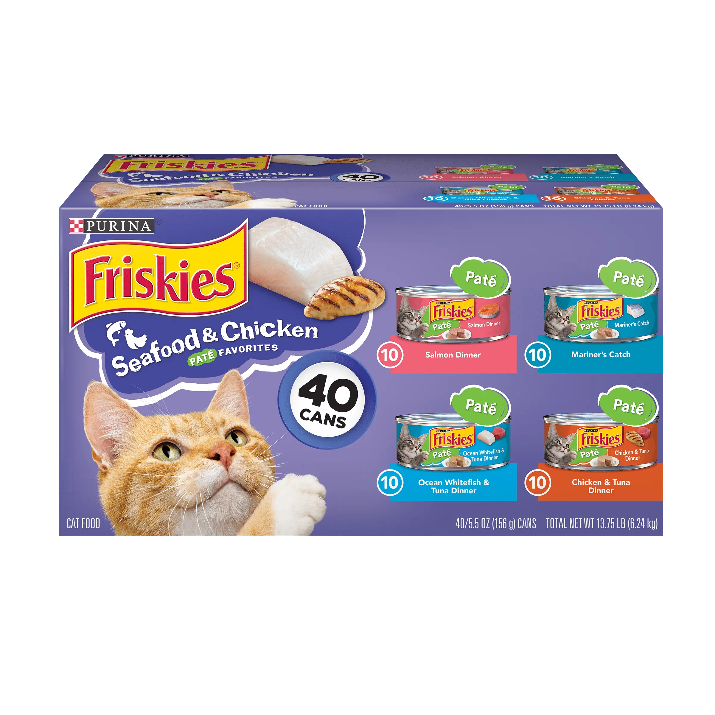 Purina Friskies Pate Wet Cat Food. Soft Seafood & Chicken Variety Pack. 5.5 oz Cans (40 Pack)