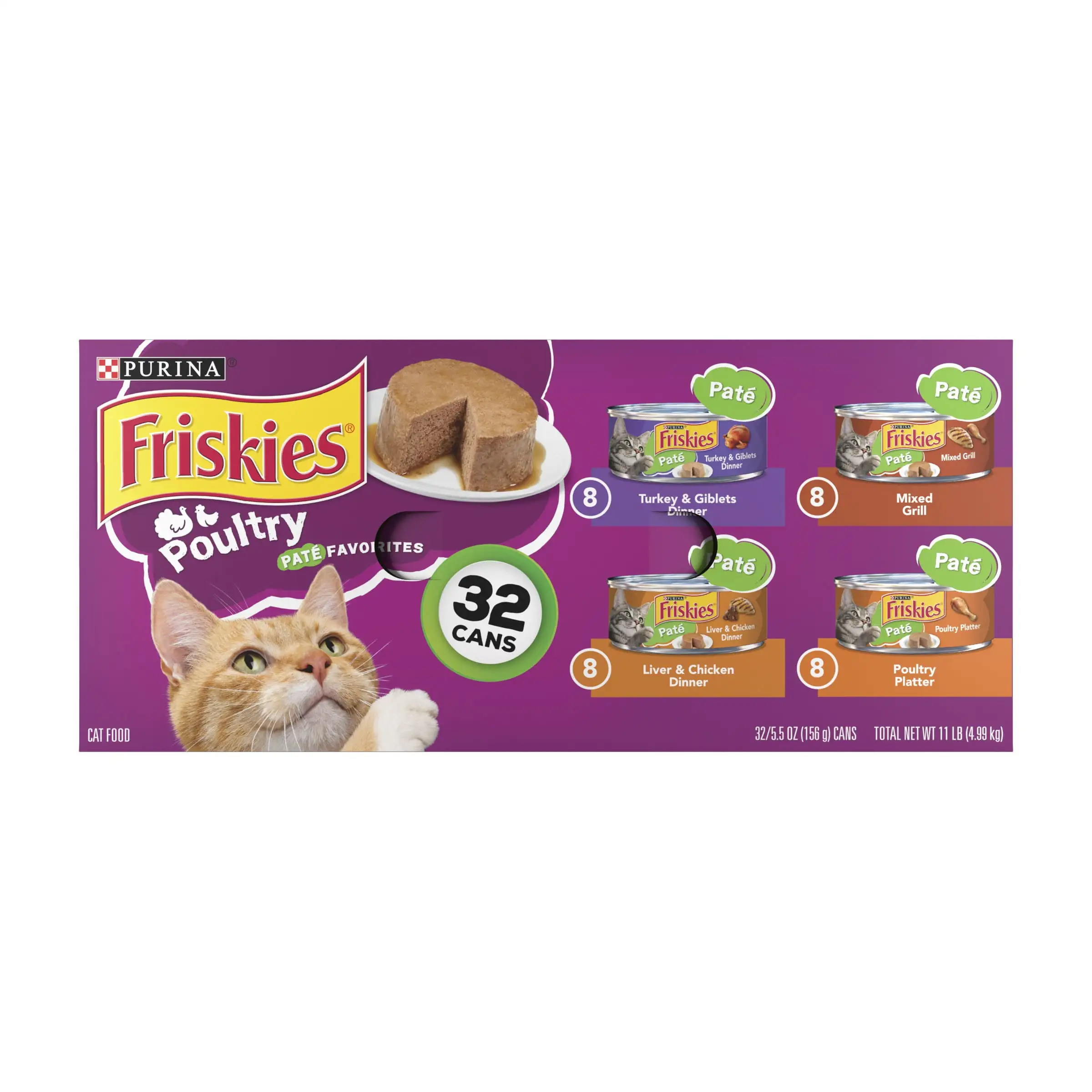 Purina Friskies Pate Wet Cat Food for Adult Cats. Soft Poultry Variety Pack. 5.5 oz Cans (32 Pack)