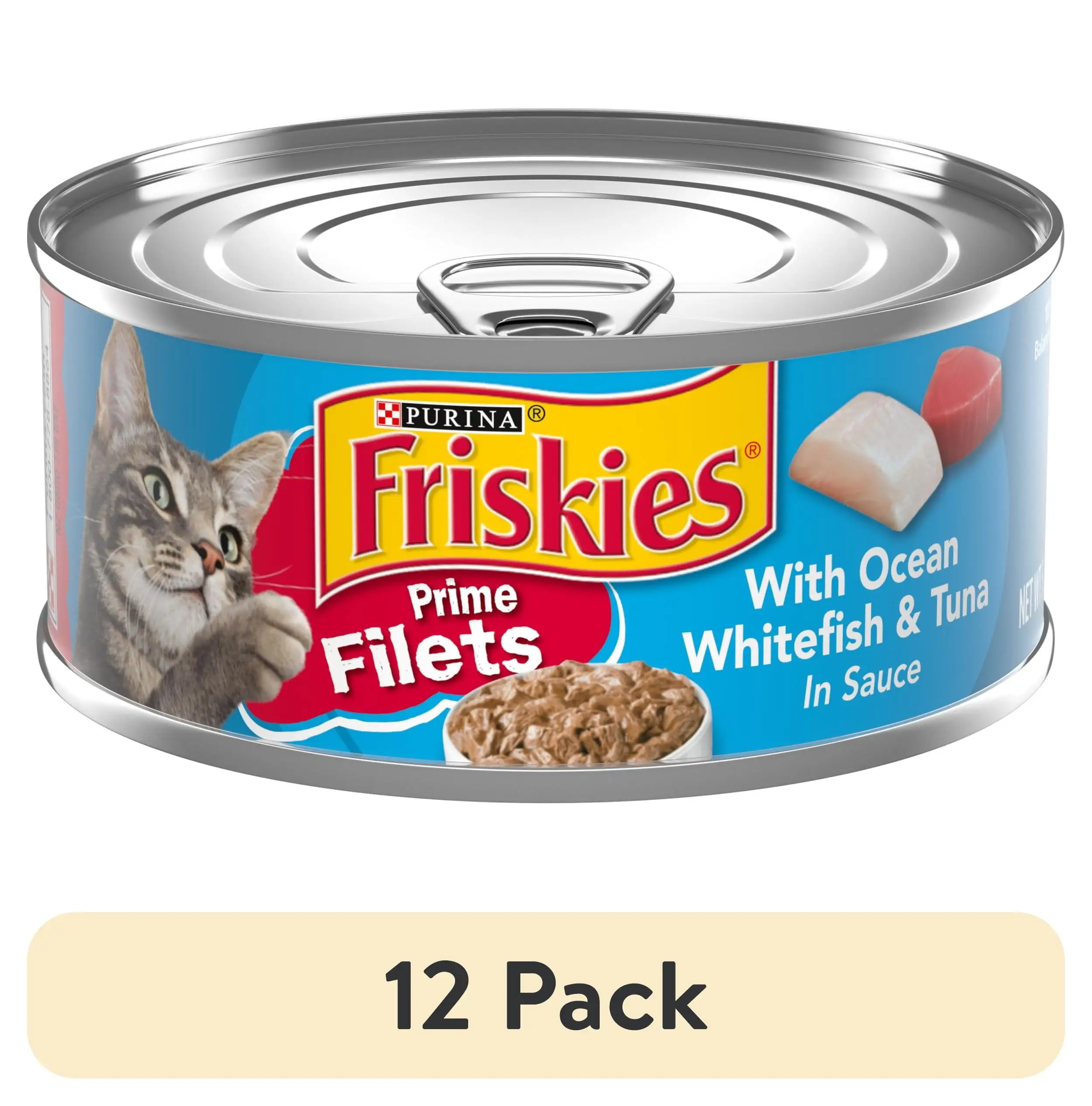 (12 pack) Purina Friskies Prime Filets Gravy Wet Cat Food for Adult Cats. Soft Ocean Whitefish & Tuna. 5.5 oz Can