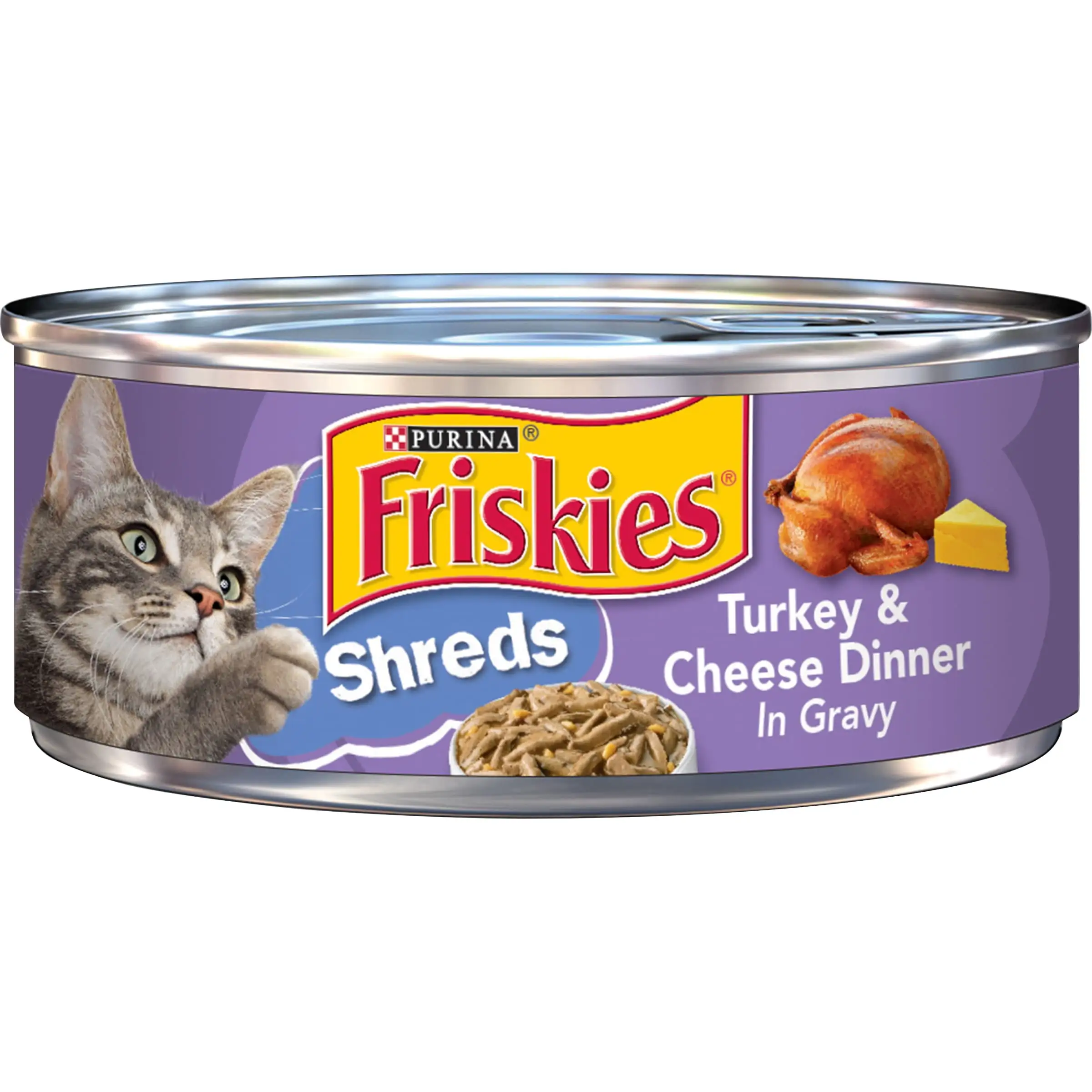 Purina Friskies Shreds Gravy Wet Cat Food. Soft Turkey & Cheese. 5.5 oz Can