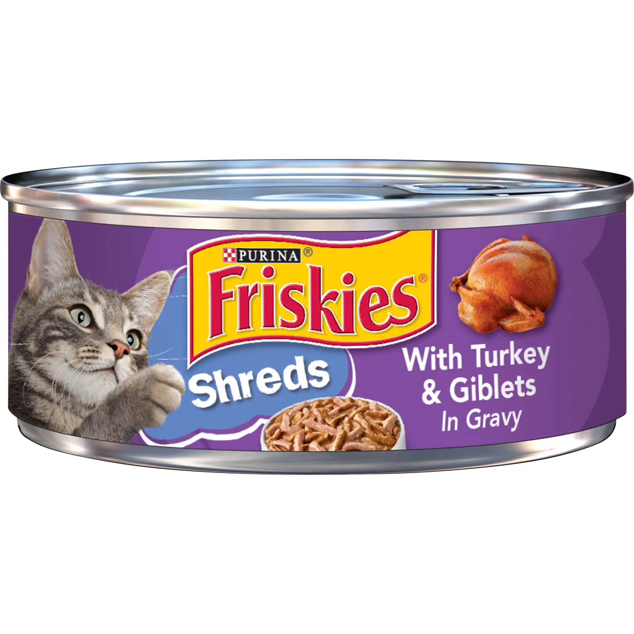 Purina Friskies Shreds Gravy Wet Cat Food. Soft Turkey & Giblets. 5.5 oz Can