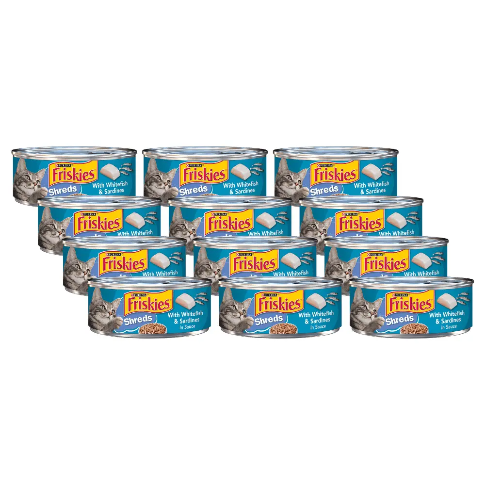 Purina Friskies Shreds Wet Cat Food. Whitefish & Sardines in Sauce. Made with Real Whitefish & Sardines. For Adult Cats & Kittens. 5.5-Ounce Can (Pack of 24)