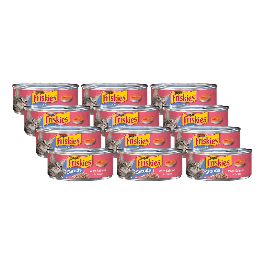 Purina Friskies Shreds Wet Cat Food. With Salmon in Sauce. Made with Real Salmon. Complete & Balanced Nutrition for Cats & Kittens. 5.5-Ounce Can (Pack of 12)