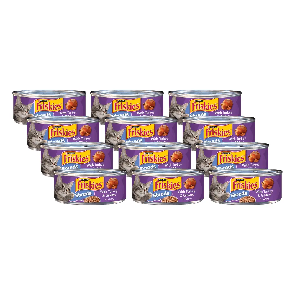 Purina Friskies Shreds Wet Cat Food. With Turkey & Giblets in Gravy. 100% Complete & Balanced Nutrition for Kittens & Adult Cats. 5.5-Ounce Can (Pack of 12)