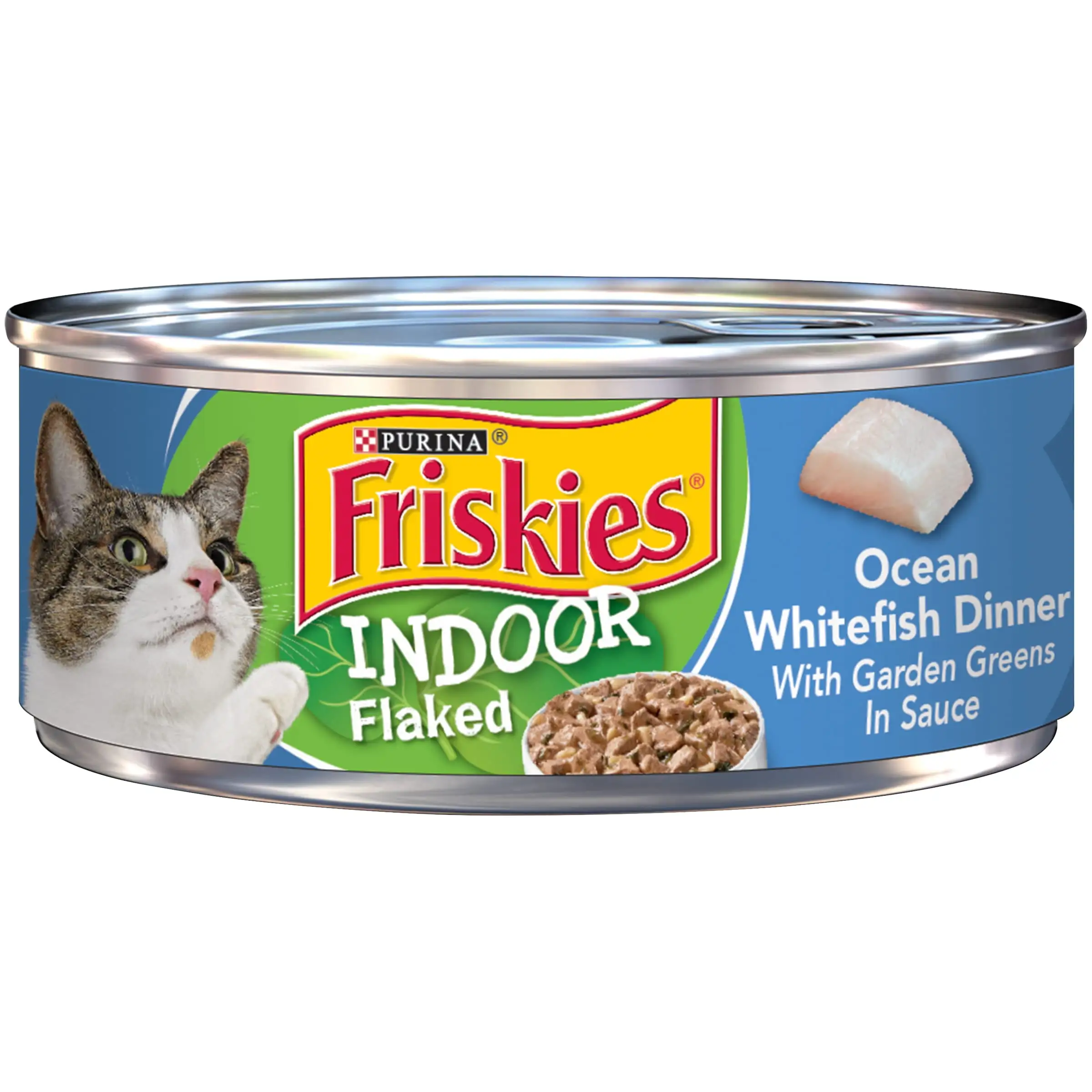 Purina Friskies indoor Flaked Wet Cat Food Ocean Whitefish Dinner. 5.5 oz Cans (24 Pack)