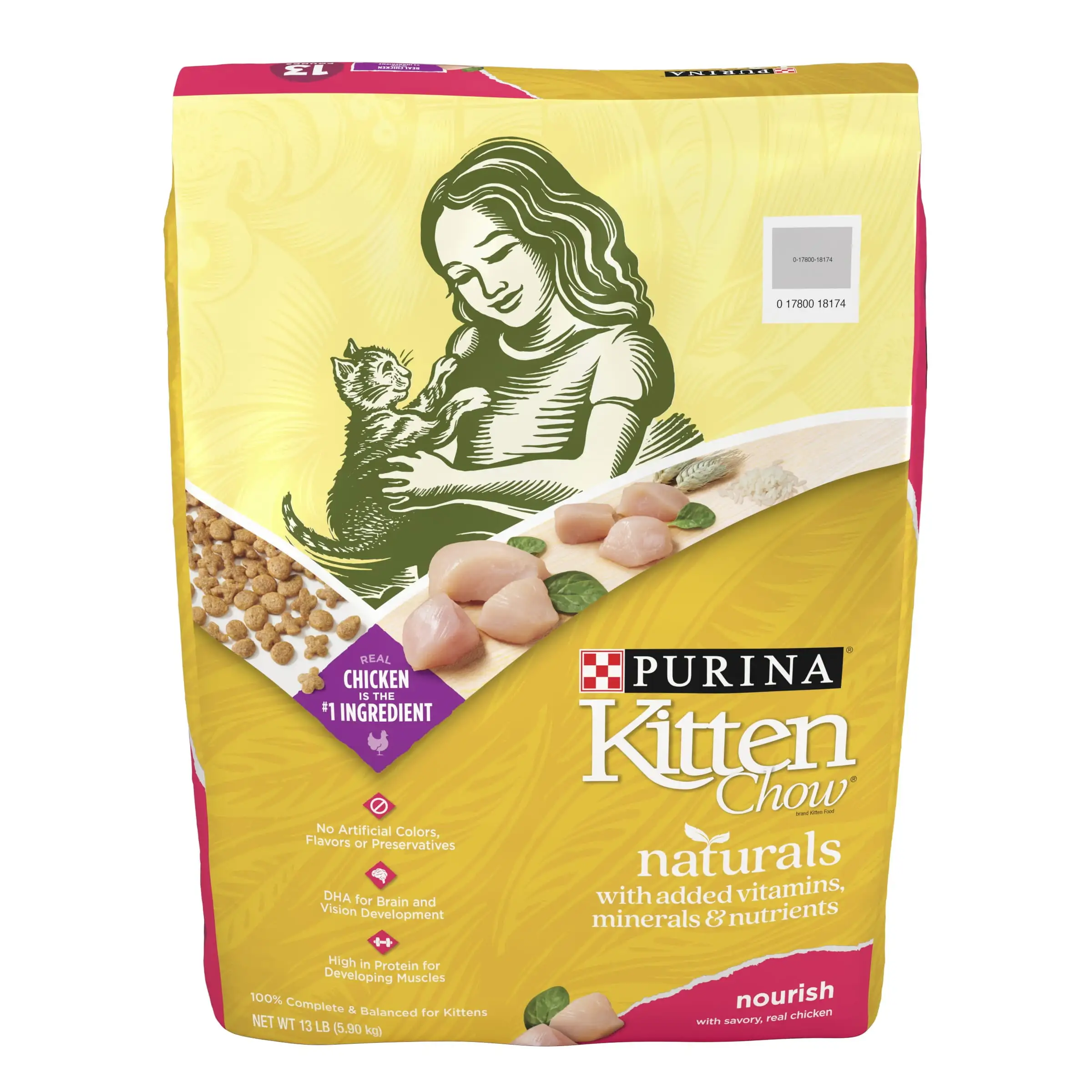 Purina Kitten Chow Naturals Dry Cat Food for Kittens. High Protein Chicken. 13 lb Bag