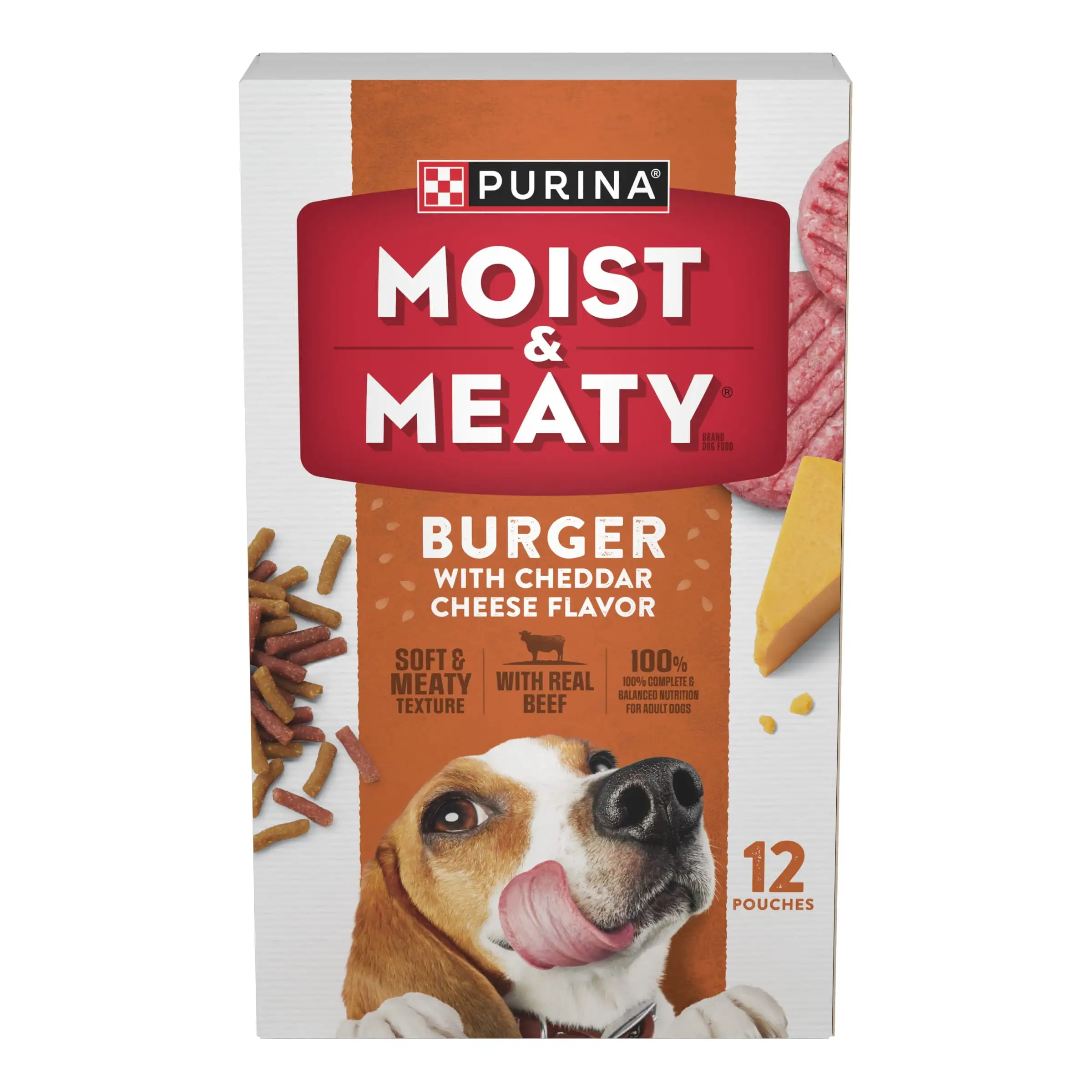 Purina Moist and Meaty Soft Dog Food Burger. Cheddar Cheese. Wet Dog Food. 6 oz Pouches (12 Pack)