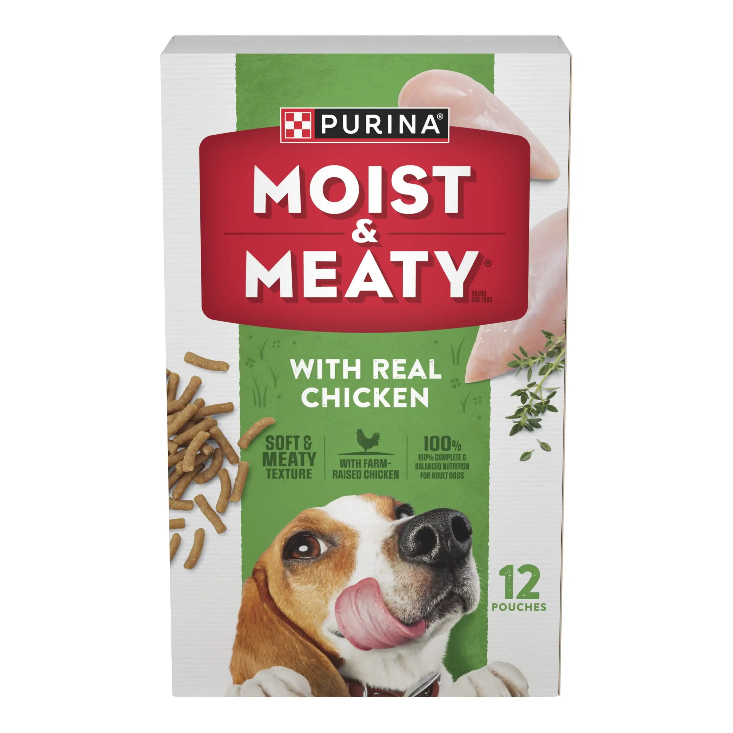 Purina Moist and Meaty Soft Dog Food. Real Chicken Recipe. Wet Dog Food. Pouches (12 Pack)