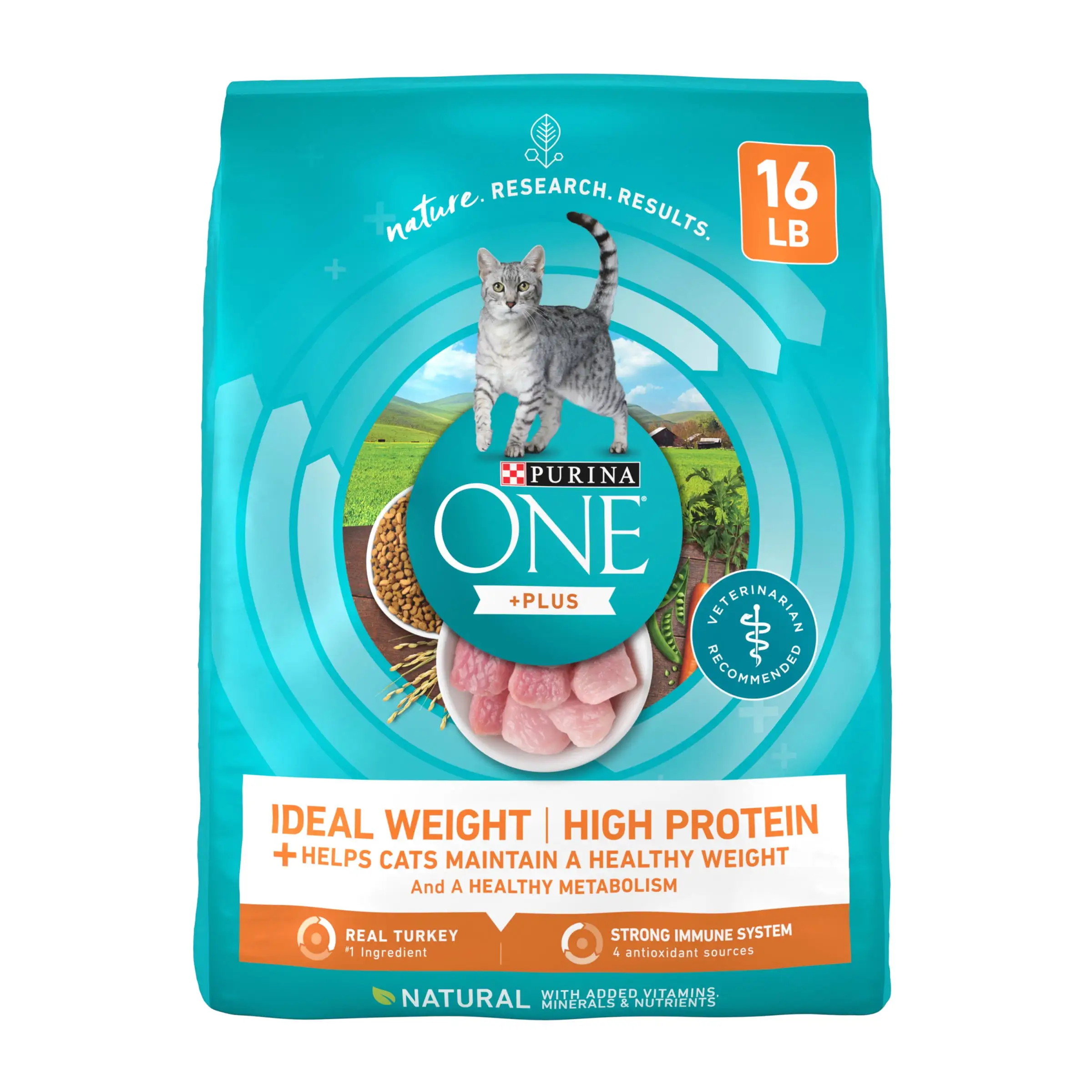 Purina One +Plus Ideal Weight High Protein Dry Cat Food Turkey. 16 lb Bag