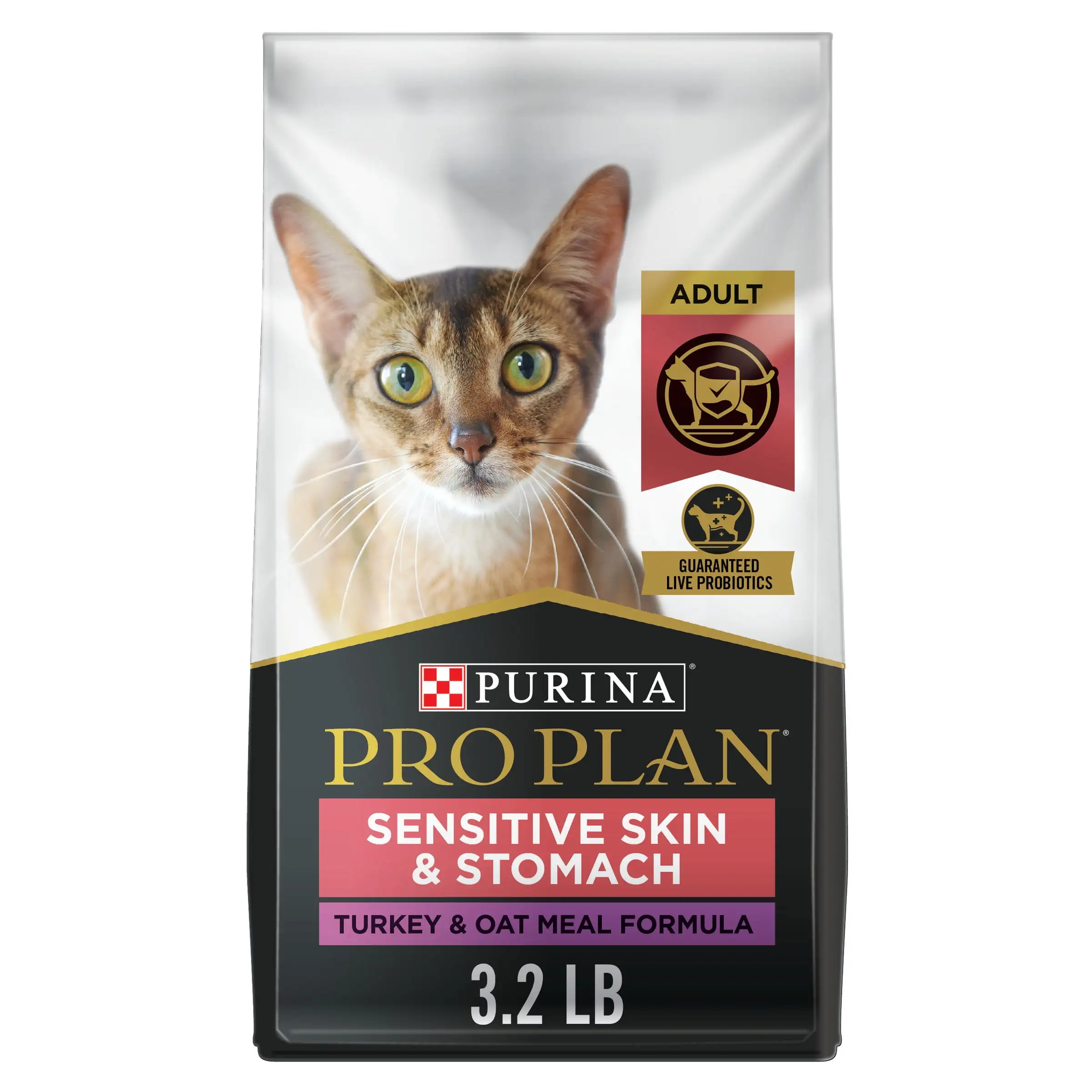 Purina Pro Plan With Probiotics. Sensitive Skin & Stomach. Natural Dry Cat Food. Turkey & Oat Meal Formula. 3.2 lb. Bag