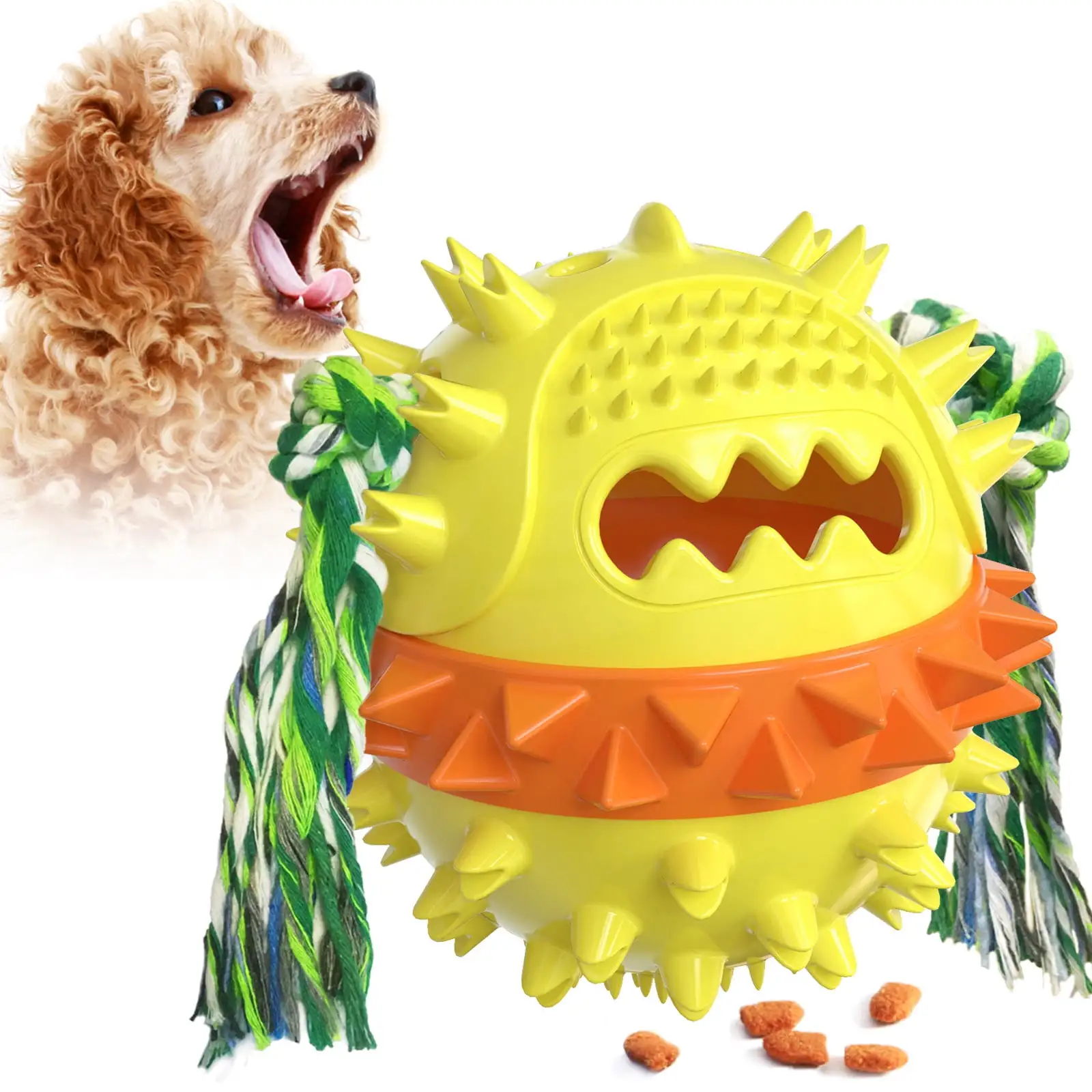 QISIWOLE Dog Treat Dispensing Chew Balls. Multifunctional Squeaky Dog Toys. Aggressive Dog Chewers Toothbrush. Puppy Puzzles Toy with Bite Rope. Durable Nontoxic Rubber Interactive Ball.Clearance