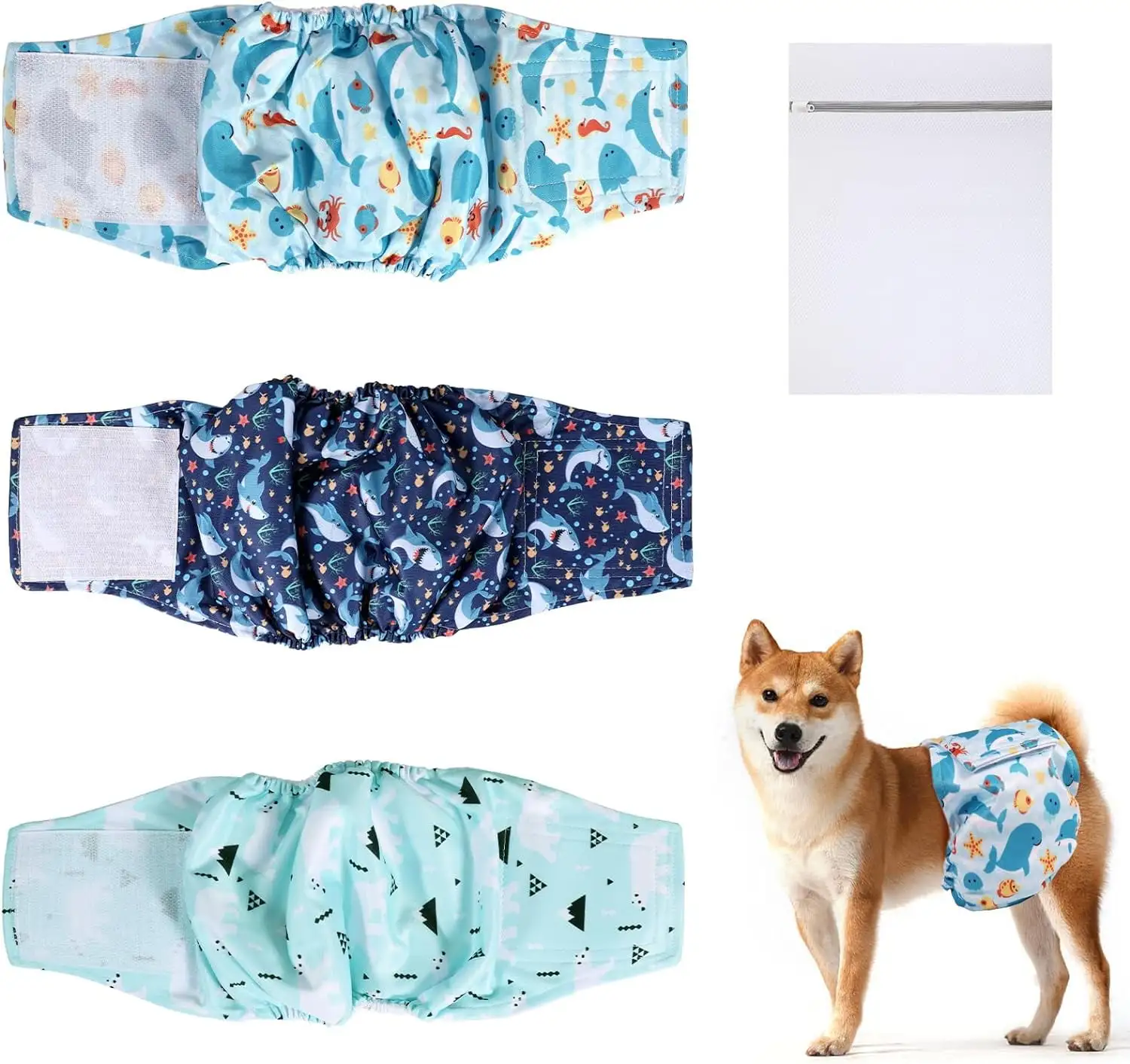 QKURT 3 Packs Dog Nappies Male. Reusable Super Absorbent Washable Dog Diapers. Belly Bands for Dog. Puppy Nappies Dog Hygiene Pants Season Pants Sanitary Pants. S