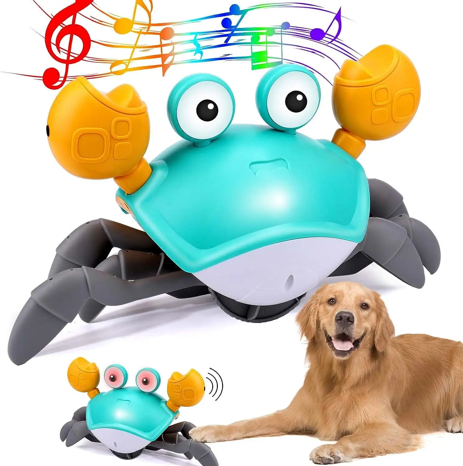 QUMENEY Crawling Crab. Escaping Crab Dog Toy with Obstacle Avoidance Sensor. Dancing Crab Toys with Music Sounds & Lights for Dogs Cats Pets. Pre-Kindergarten Learning Crawl Toys