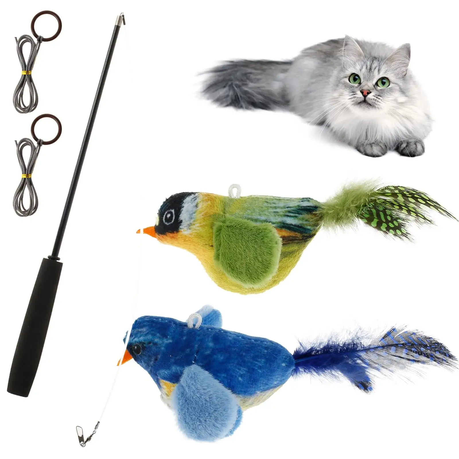 Qenwkxz Chirping Bird Cat Toy Simulative Bird Cat Toy Portable Interactive Chirping Cat Toy Built-in Bird Chirping Mechanism 2 Interactive Cat Bird Toys with Retractable Cat Teaser Wand for Cats