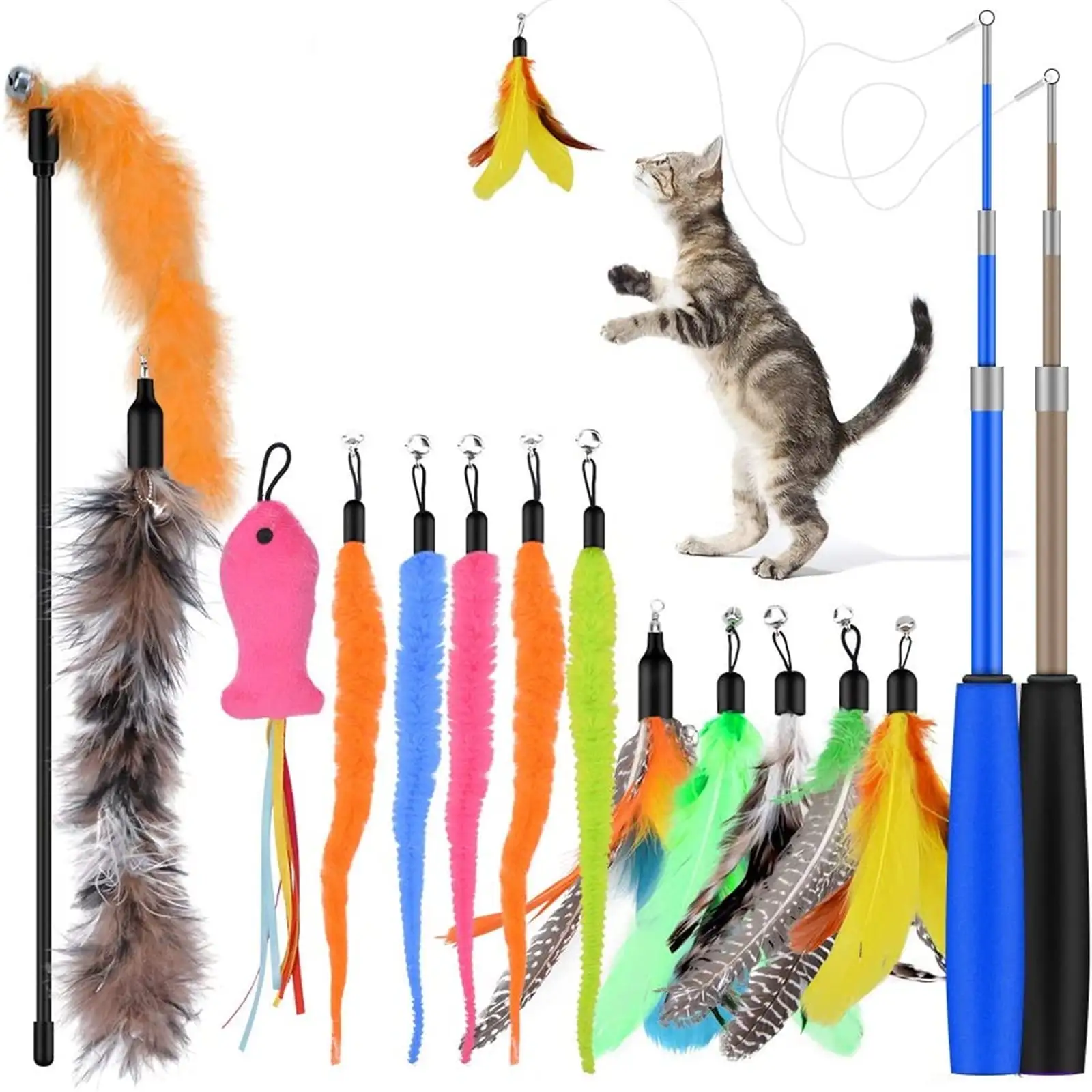 Qoosea Cat Feather Toys. 2PCS Retractable Cat Wand Toy and 13PCS Replacement Teaser with Bell Refills. Interactive Cat Wand for Kitten Cat Having Fun Playing