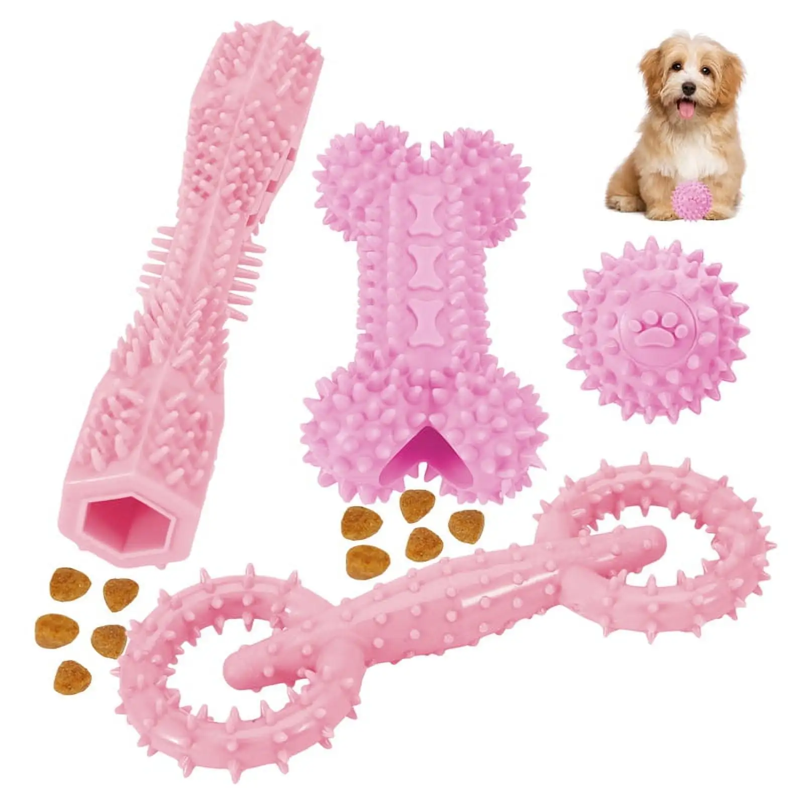 Qweryboo 4 Pack Dog Chew Toy Set for Puppy Teething. Food Dispensing Rubber Bone Puppy Teething Toys. Funny Ball Interactive Donut Treat Dumbbell for Small Medium Dogs 2-8 Months(Pink)