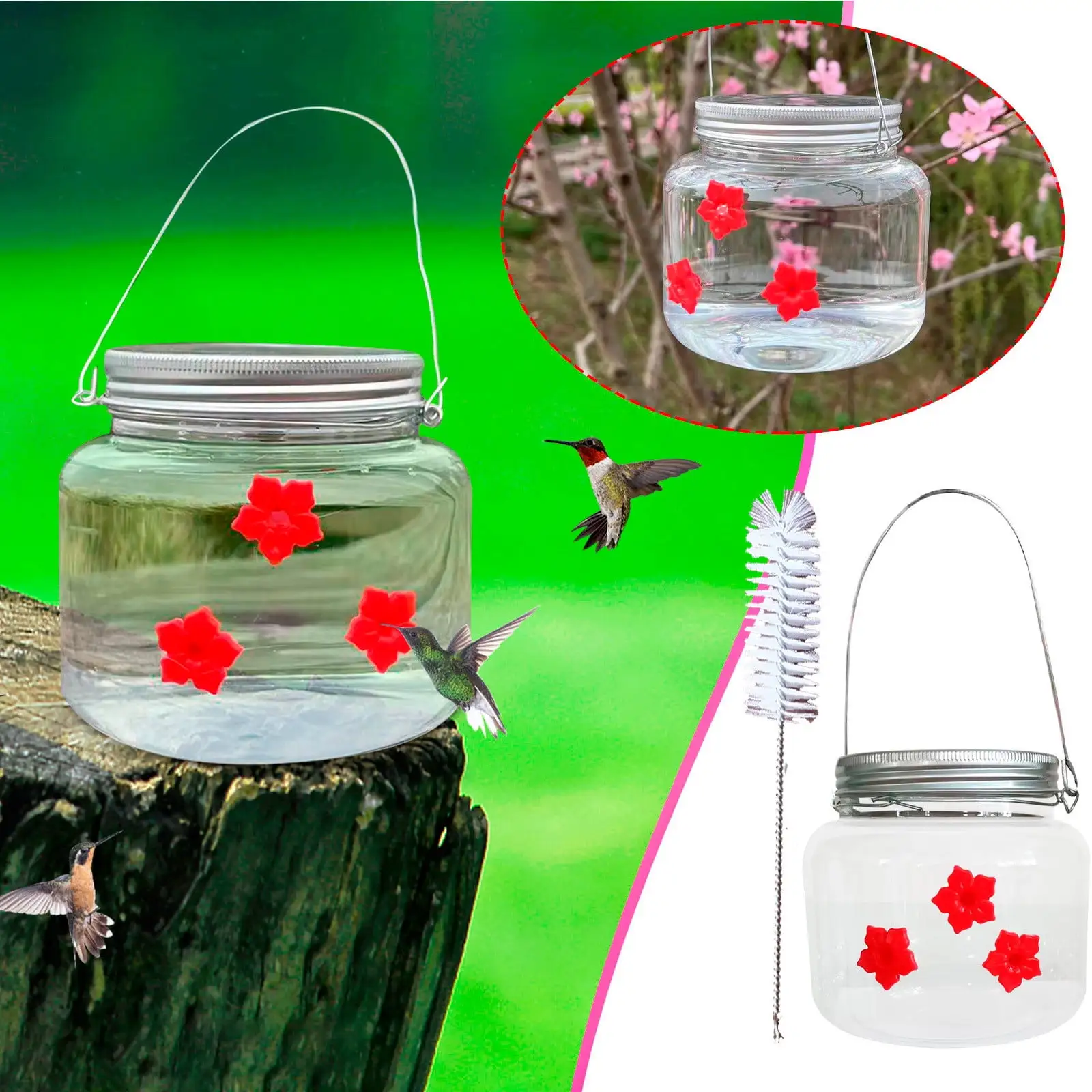 RKSTN Mason Jar Hummingbird Feeder with Flower Feeding Ports for Outdoor Hanging Yard Decoration Clear Reservoir Design 500ml. Portable Hummingbird Feeders for Outdoor Garden Decor on Clearance