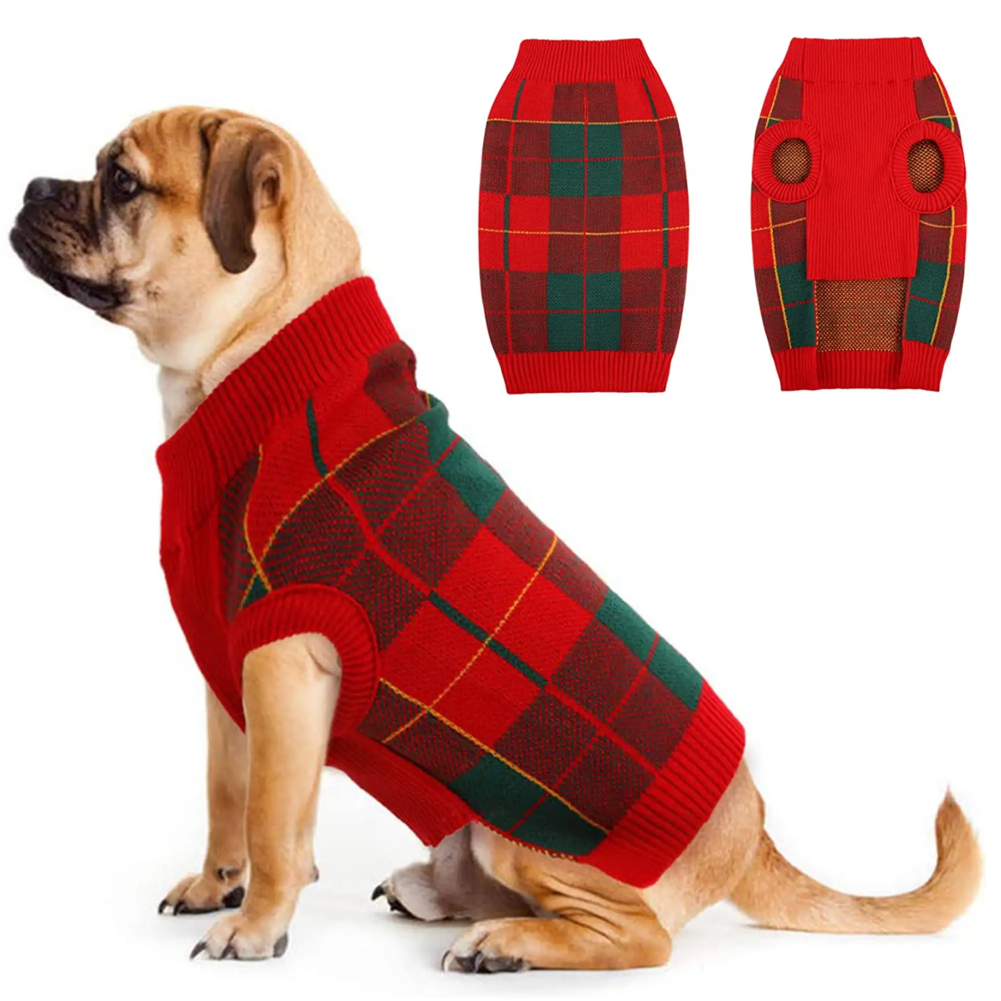 ROZKITCH Classic Dog Christmas Sweaters Puppy Festival Winter Turtleneck Knitwear Vest Red Green Plaid Dog Sweater for Small Medium Dogs Cats