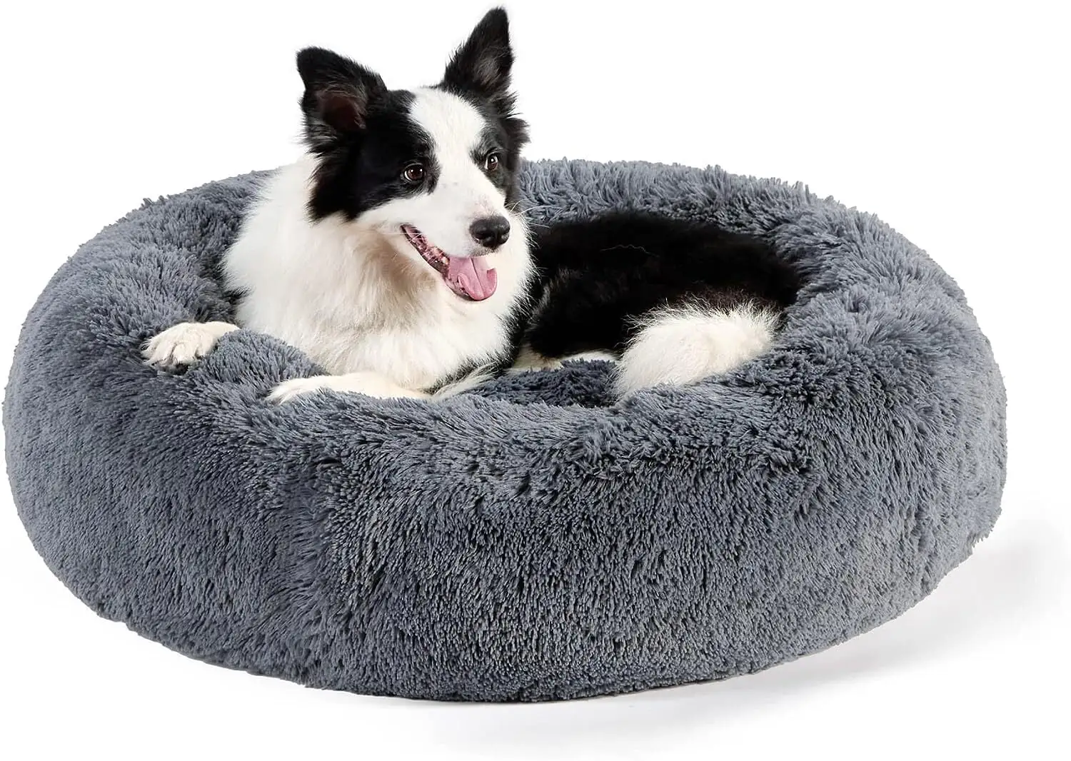 RUseeN Calming Dog Bed for MIddle Dogs - Donut Washable Large Pet Bed. 31.5 inches Anti Anxiety Round Fluffy Plush Faux Fur Dog & Cat Bed. Fits up to 48 lbs Pets. Dark Grey