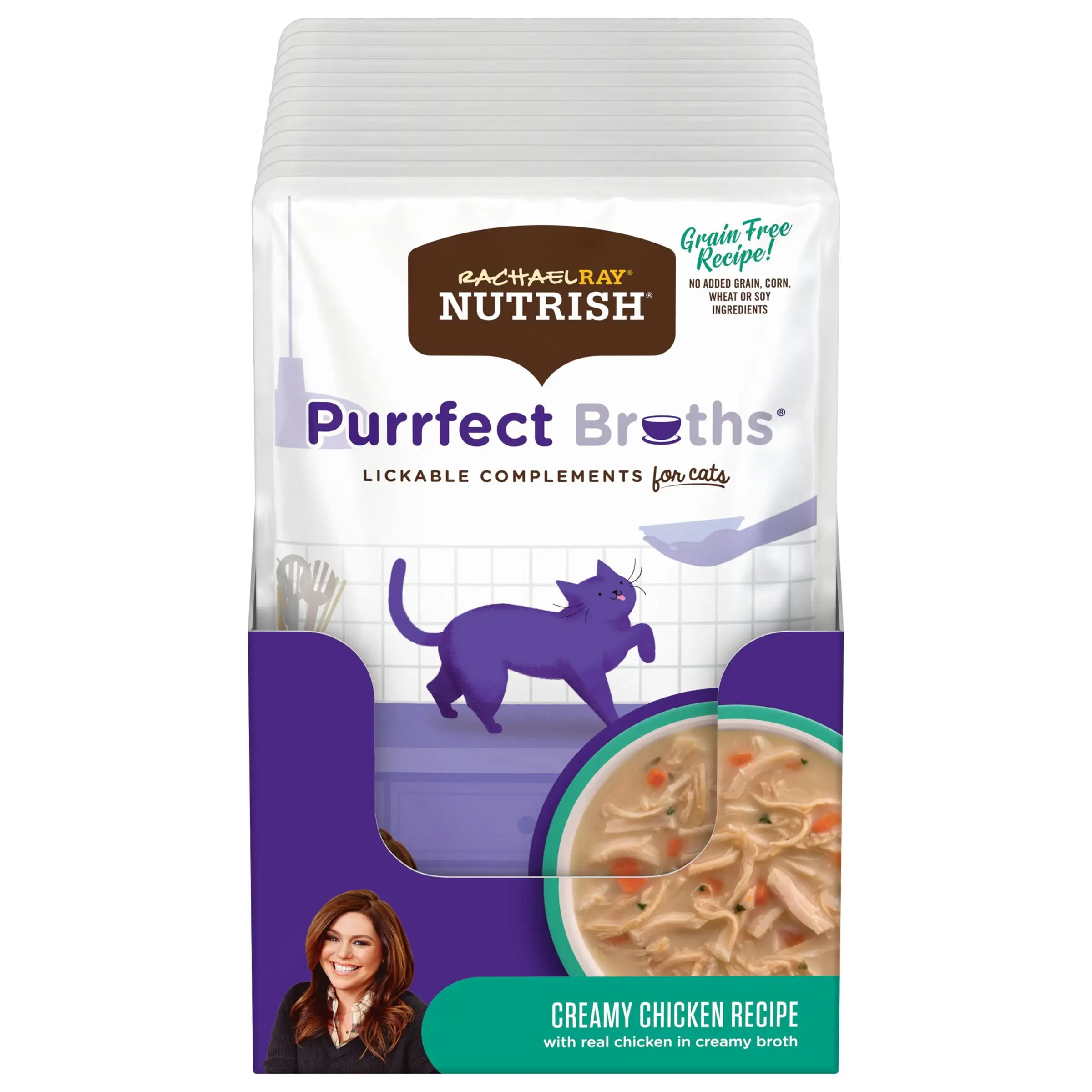 Rachael Ray Nutrish Purrfect Broths Creamy Chicken Recipe. Lickable Complements for Cats. 1.4 oz. Pouch