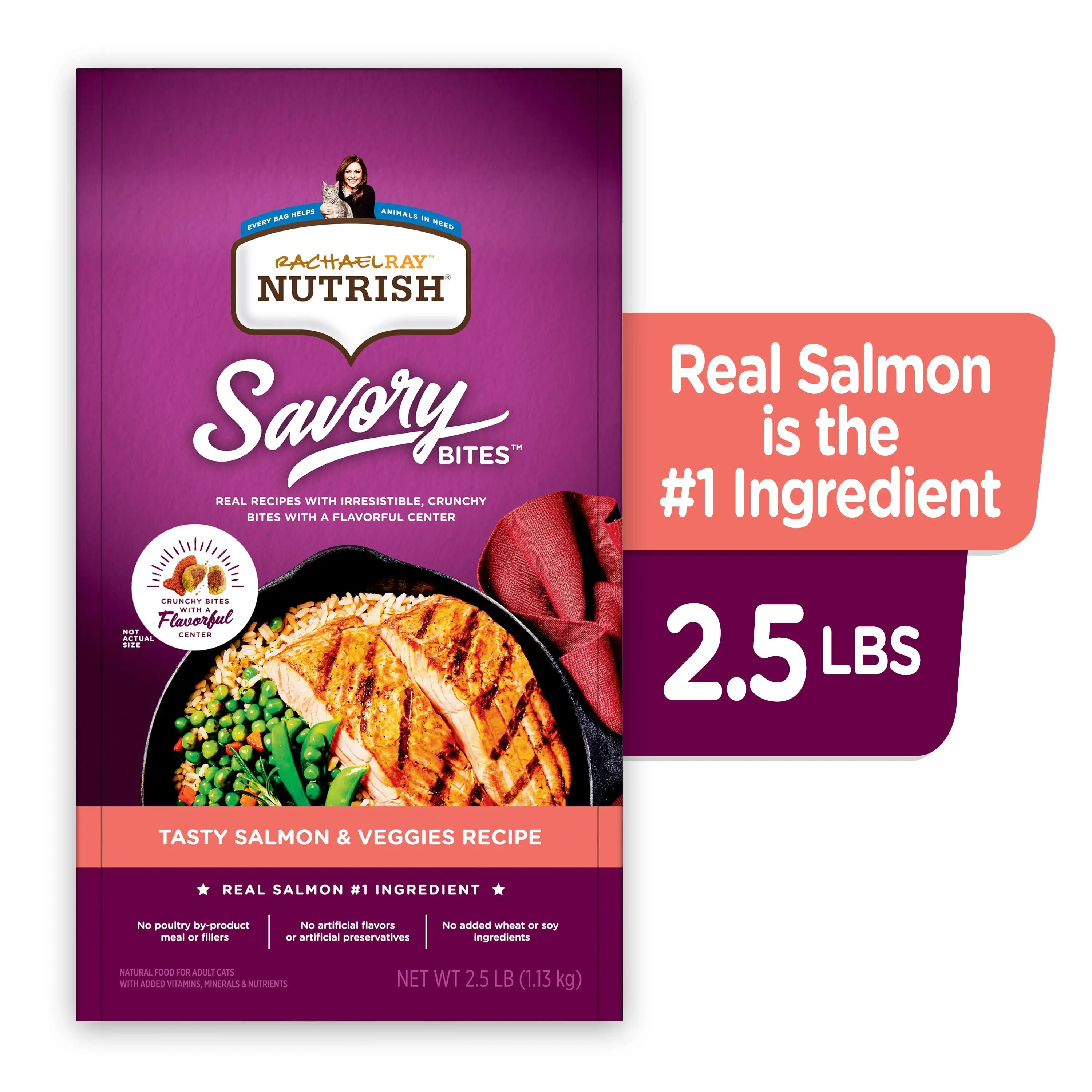 Rachael Ray Nutrish Savory Bites Tasty Salmon & Veggies Recipe Natural Food for Adult Cats. 2.5 lb