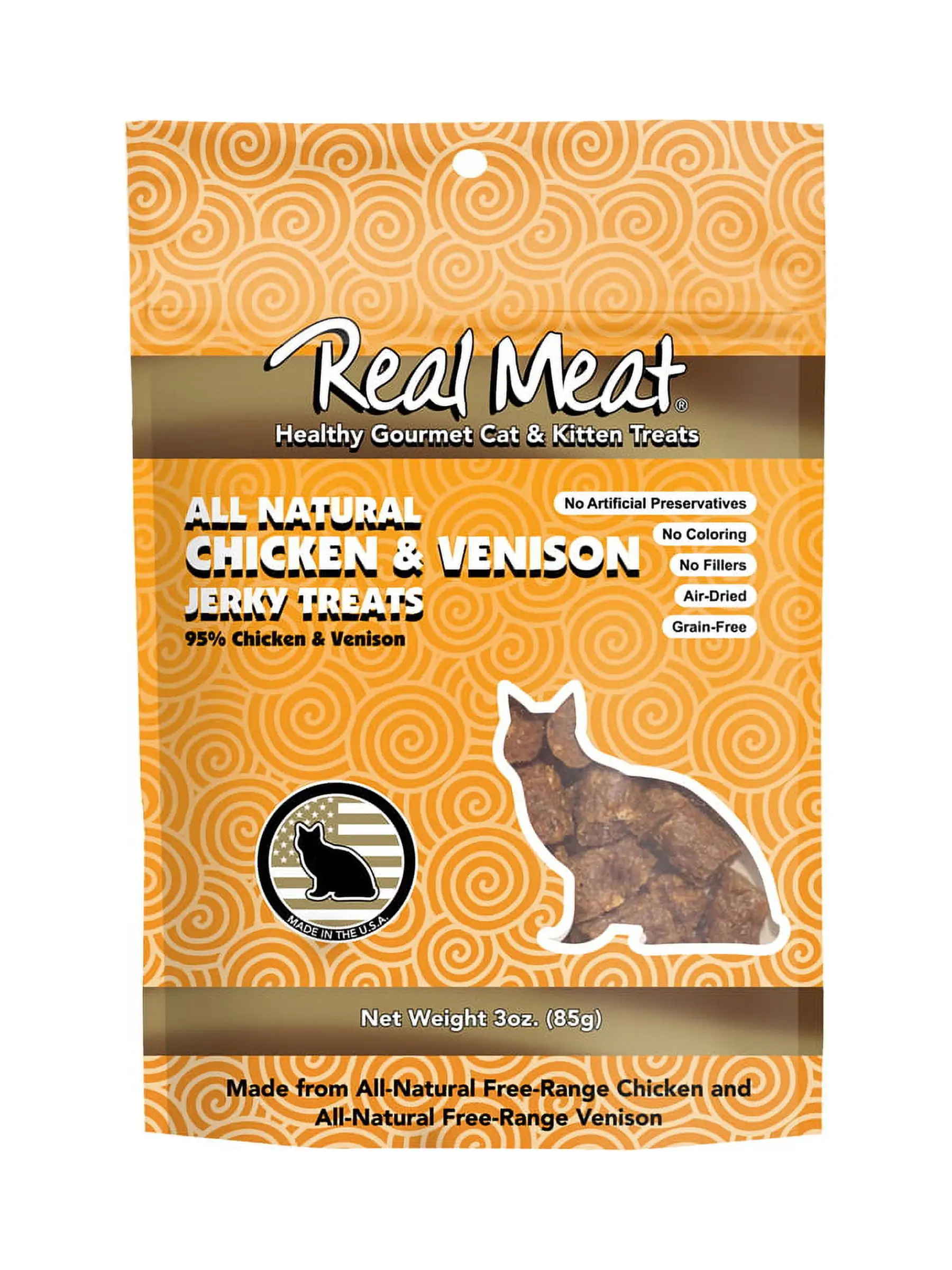 Real Meat. AIr-Dried Jerky Treats. Free-Range. All-Natural Chicken Venison Cat Treat 3oz