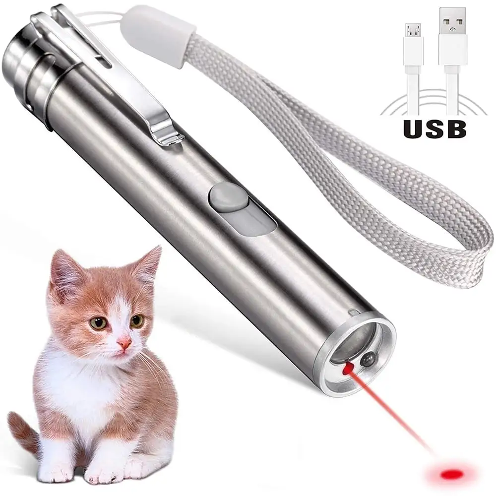 Rechargeable Cat Laser Pointer Toy for Cats Dogs. 3 Mode Red Laser Pointer. Interactive Light Training Tool with USB Charging for Cat Dog Exercise Playing. Silver