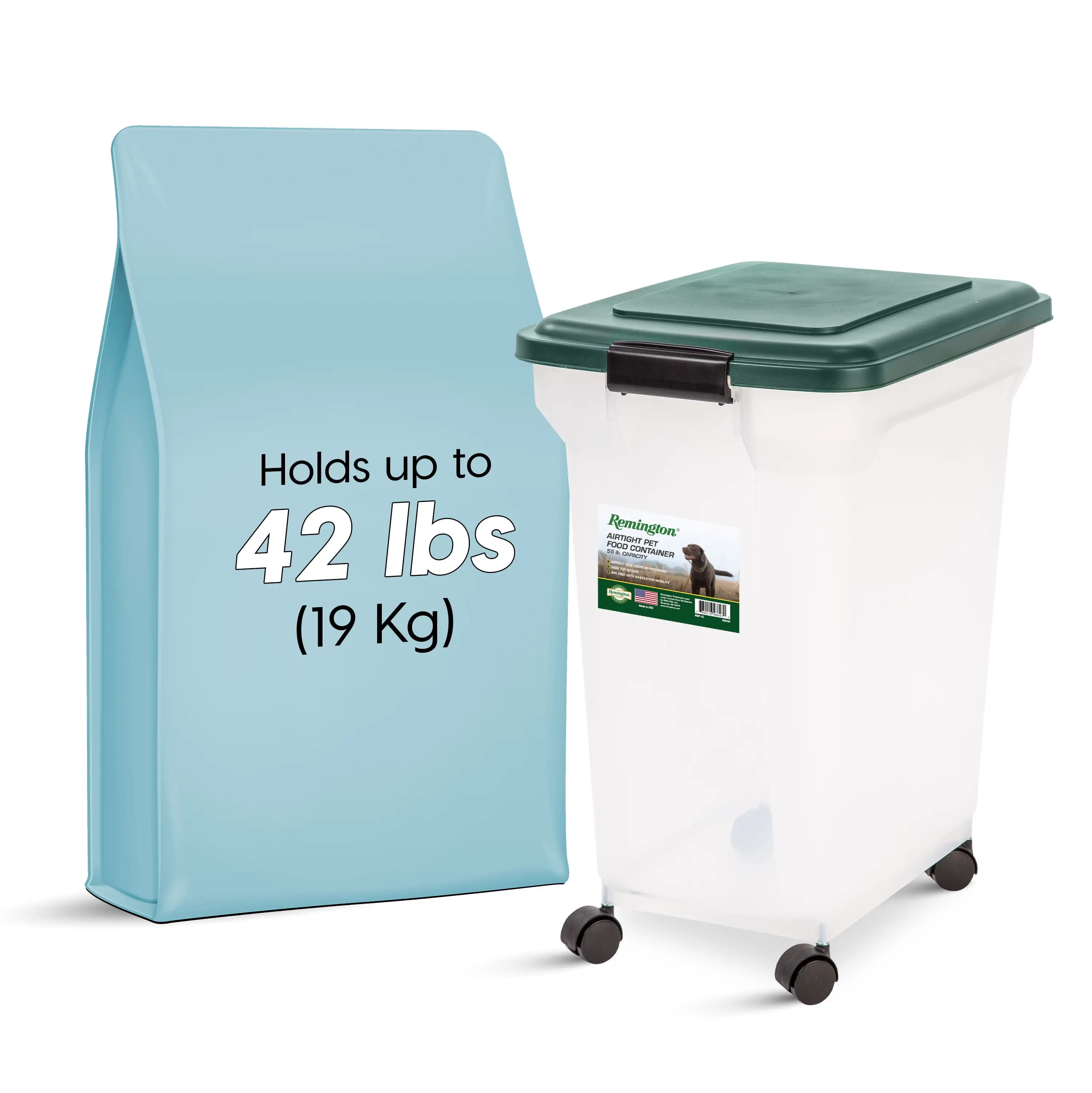 Remington? 42lb (55 Qt.) Airtight Pet Food Container with Scoop for Dog and Cat Food. Green