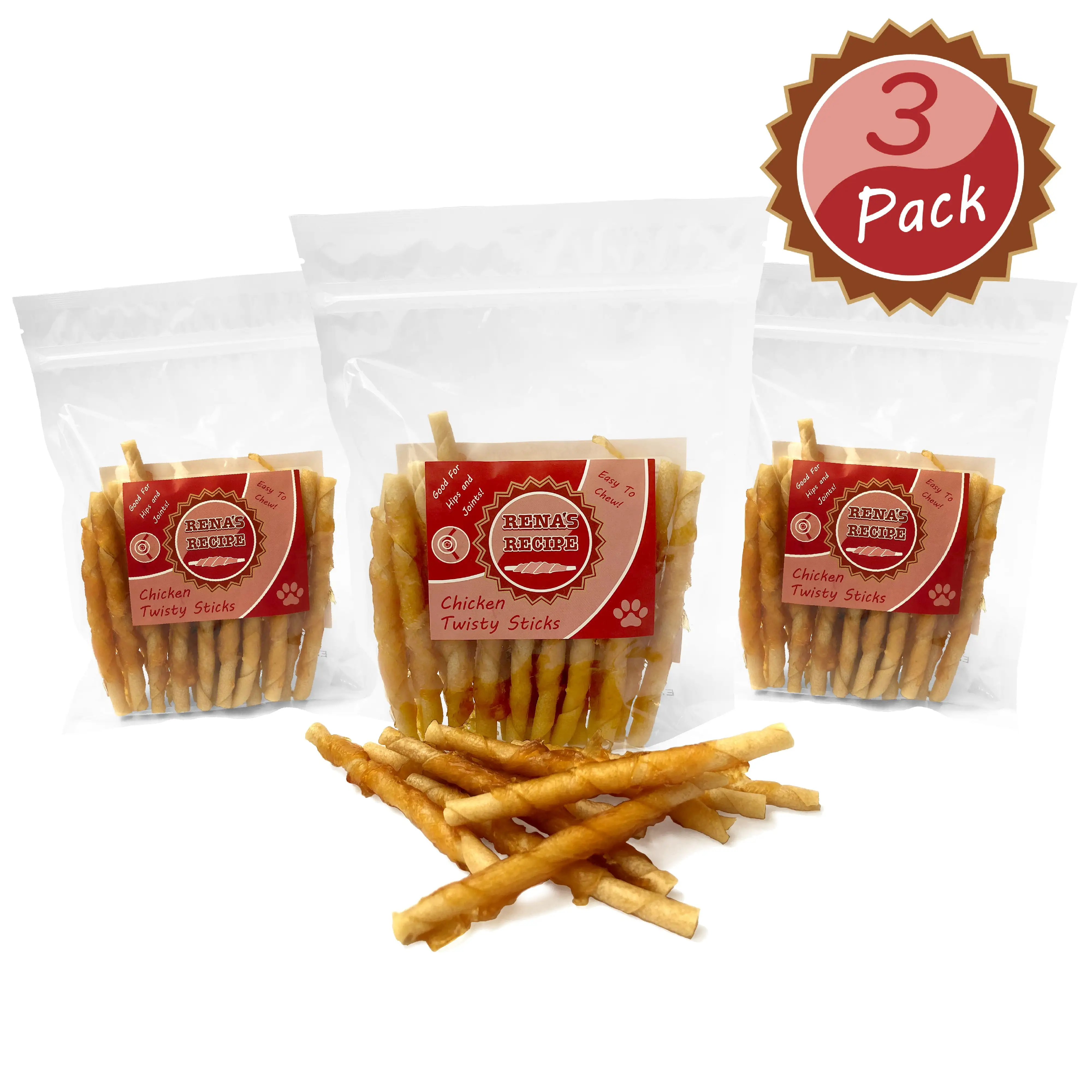 Rena's Recipe Chicken Twisty Sticks (8 oz) (Pack of 3) Rawhide Free Chicken Wrapped Soft Chews