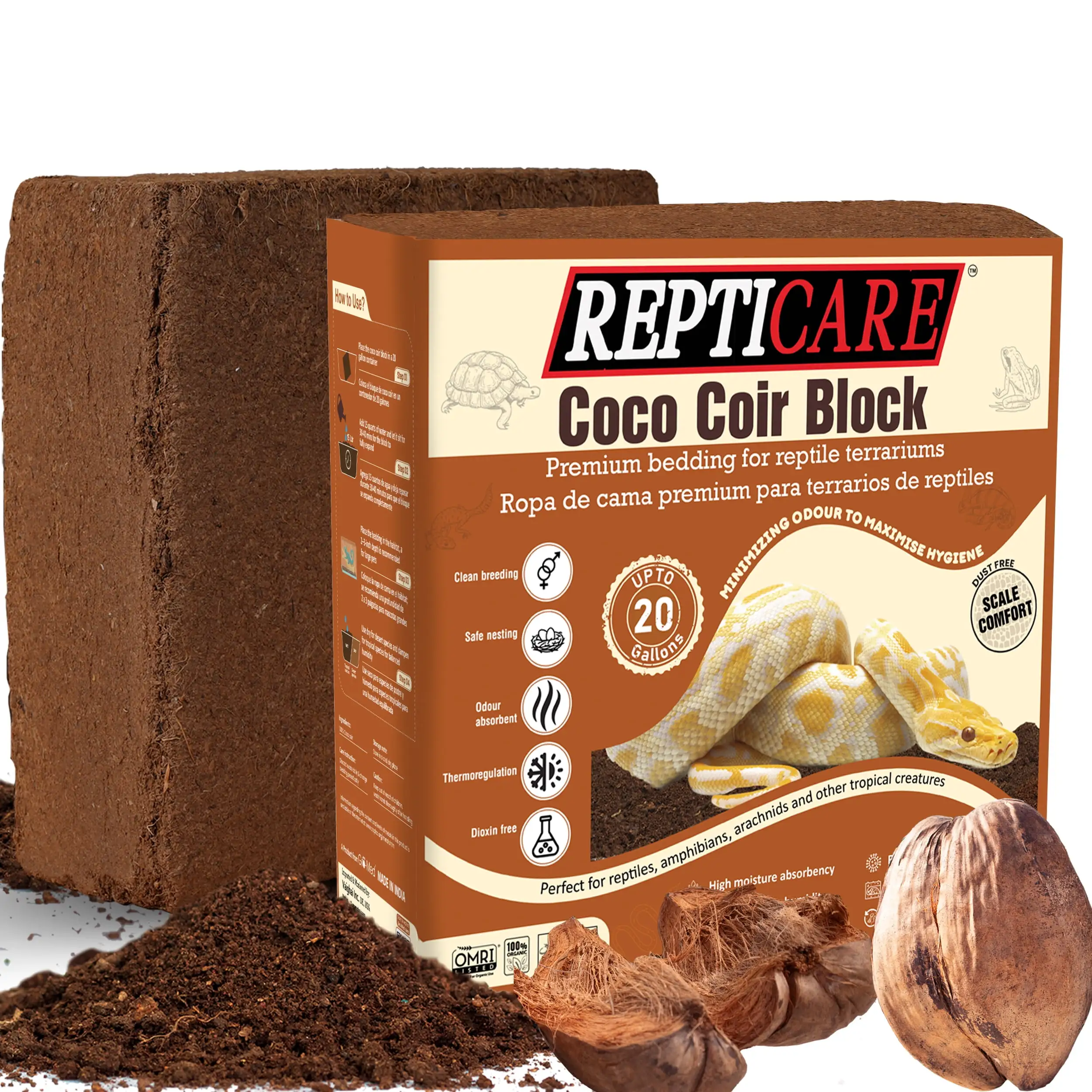 ReptiCare 10lb Coco Coir Block For Reptile Bedding Substrate Terrarium Supplies Coconut Fiber 20 Gal