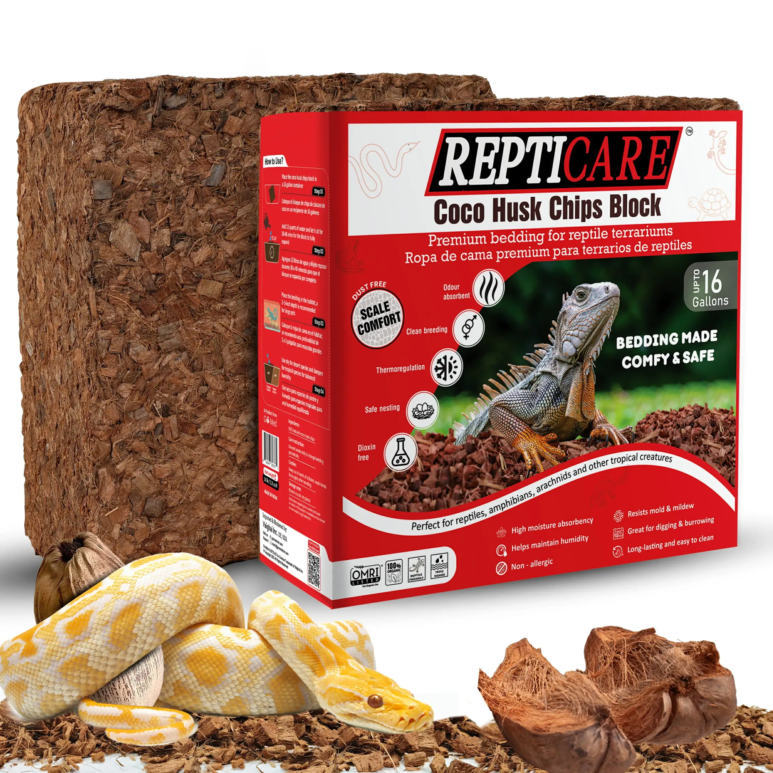 ReptiCare Coconut Husk Chips Substrate Block 10 lb/16 Gal - Snake Terrarium Reptile Bedding Supplies