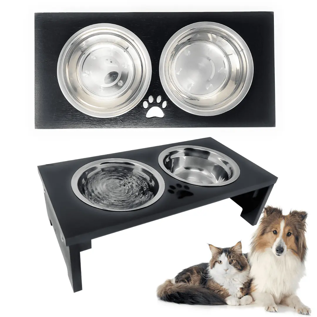 Research Labs Modern & Elegant Bamboo Elevated Dog Bowls / Cat Bowls. Our Durable & Beautiful Raised Pet Feeder Bowl Stand Includes 2 Stainless Steel Food & Water Bowls. (Black)