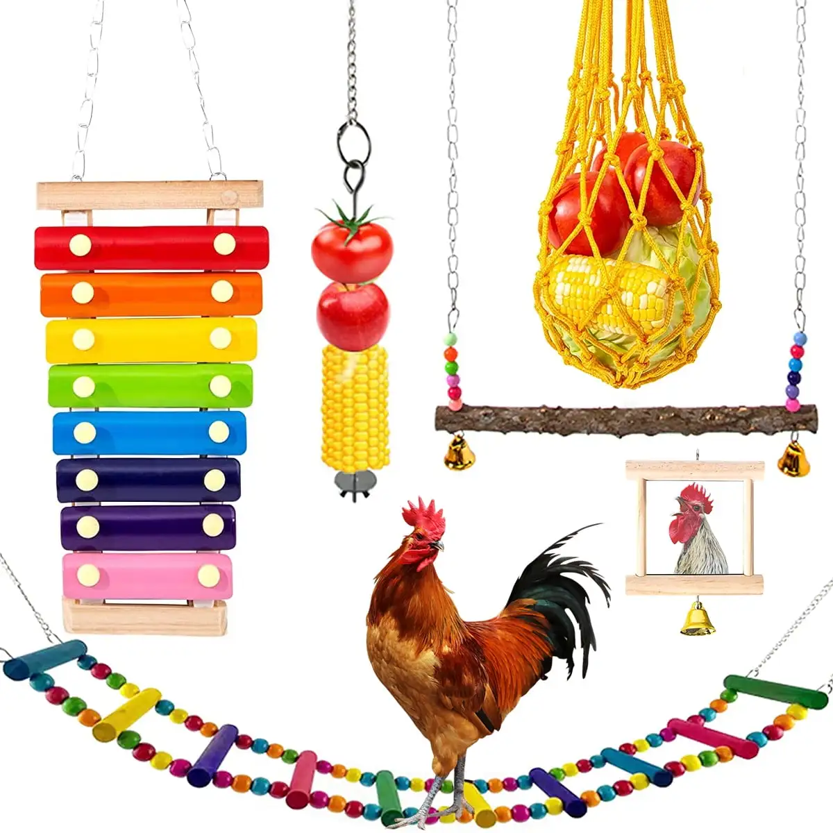 Retrok 6Pcs Chicken Toys Set for coop Chewing Foraging Toys Parrot Playing Training Toys with Wooden Swing Fruit Vegetable Hanging Feeder Xylophone Mirror Bell Ladder Toy for Chicken Parrots Birds