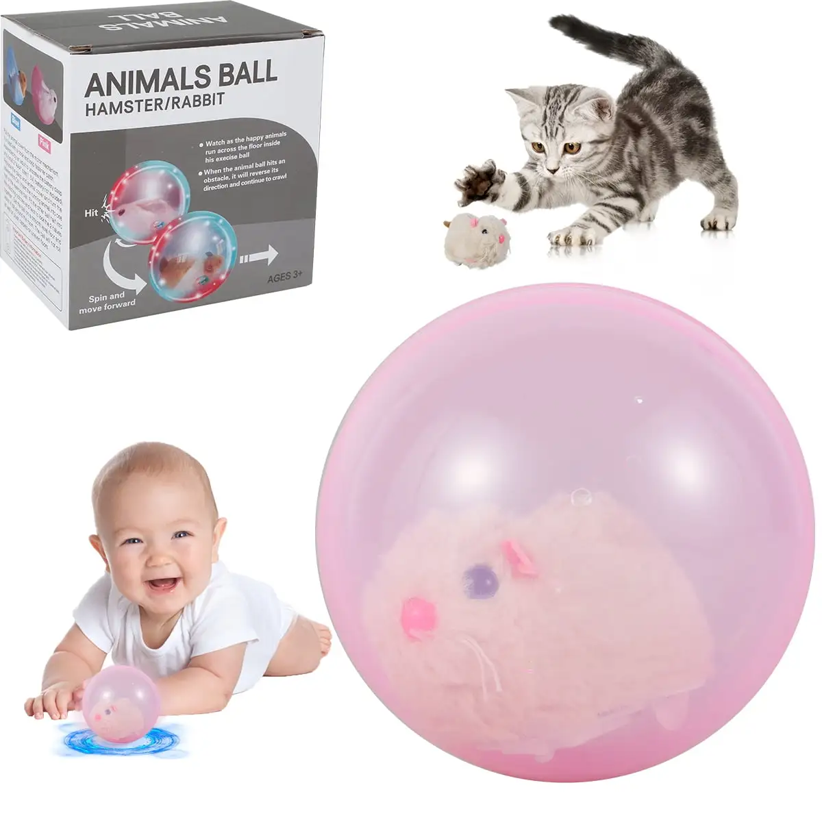 Retrok Hamster Ball Electric Toy Electric Hamster Rolling Ball Toy Cute Cartoon Animal Ball Toy Self Rotating Toy Plush Hamster Electric Toys Animal Running Ball for Kids Pet Playing