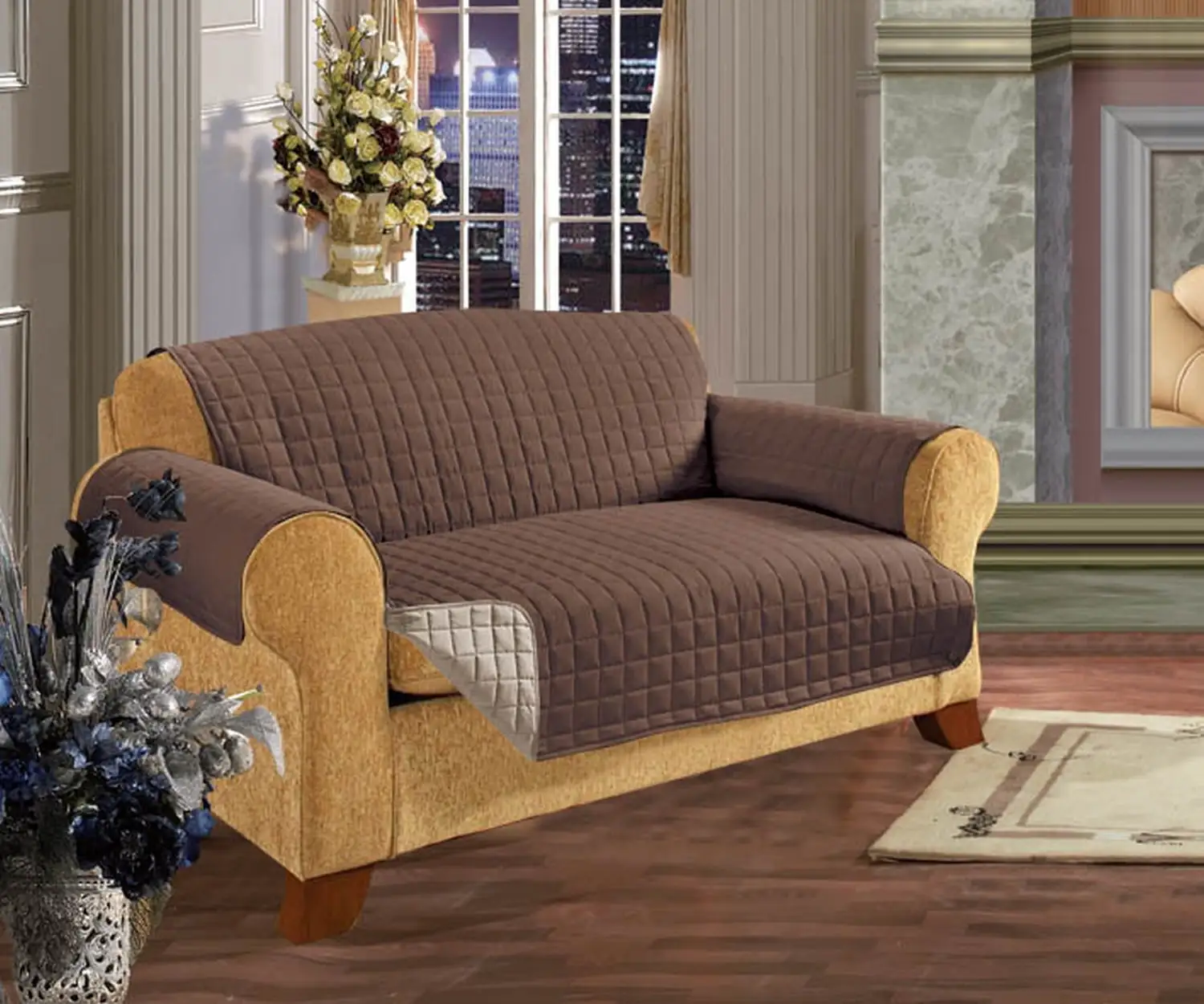 Reversible Furniture Protector! Elegant Comfort Luxury Slipcover Furniture Protector Great for Pets & Children with STRAPS TO PREVENT SLIPPING OFF. Loveseat Size. Chocolate Cream