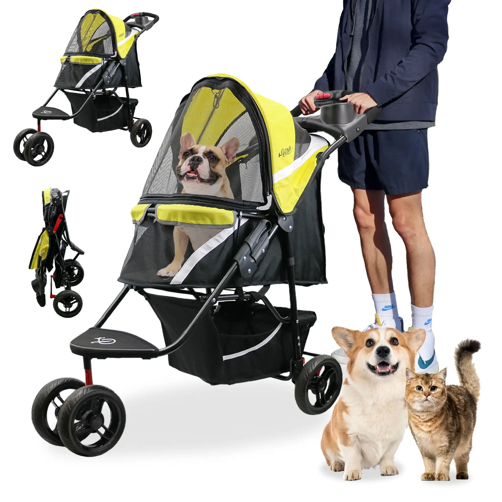 Revolutionary Durable Pet Stroller. Easy Fold. Quality mesh Windows. Large Storage Basket. Secure Cup Holder Tray. Small/Medium Dogs. Cats and Pets. Supports up to 55LBS - Sunshine (Yellow)